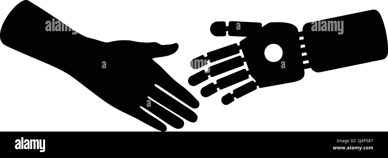 Männliche Hand schüttelt Roboterhand, neue Hochtechnologie Stock Vektor