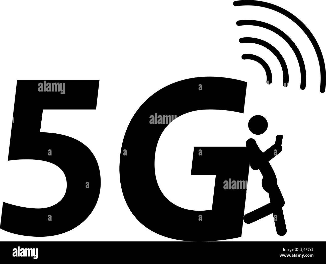 5G 5. Generation Mobilfunknetz Wireless-Symbol, Mann oder Mädchen verlassen sich auf die G Stock Vektor