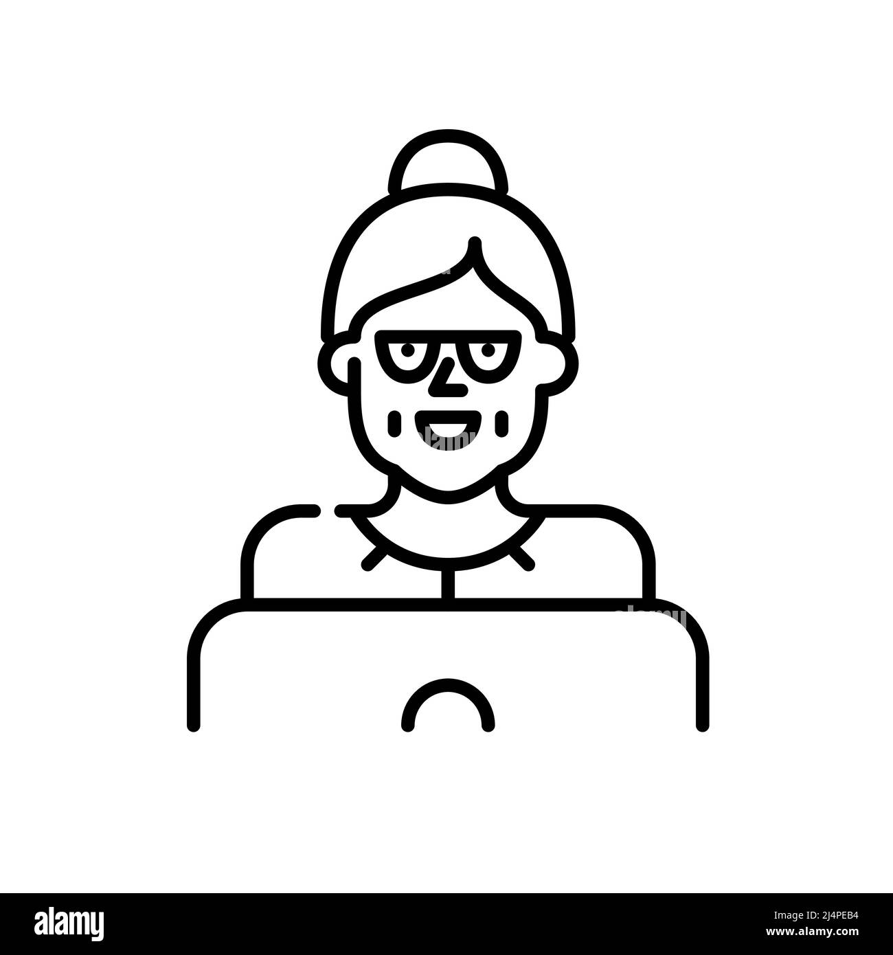 Oma trägt eine Brille und chattet in den sozialen Medien an einem Laptop. Pixel Perfect, bearbeitbares Kontursymbol Stock Vektor