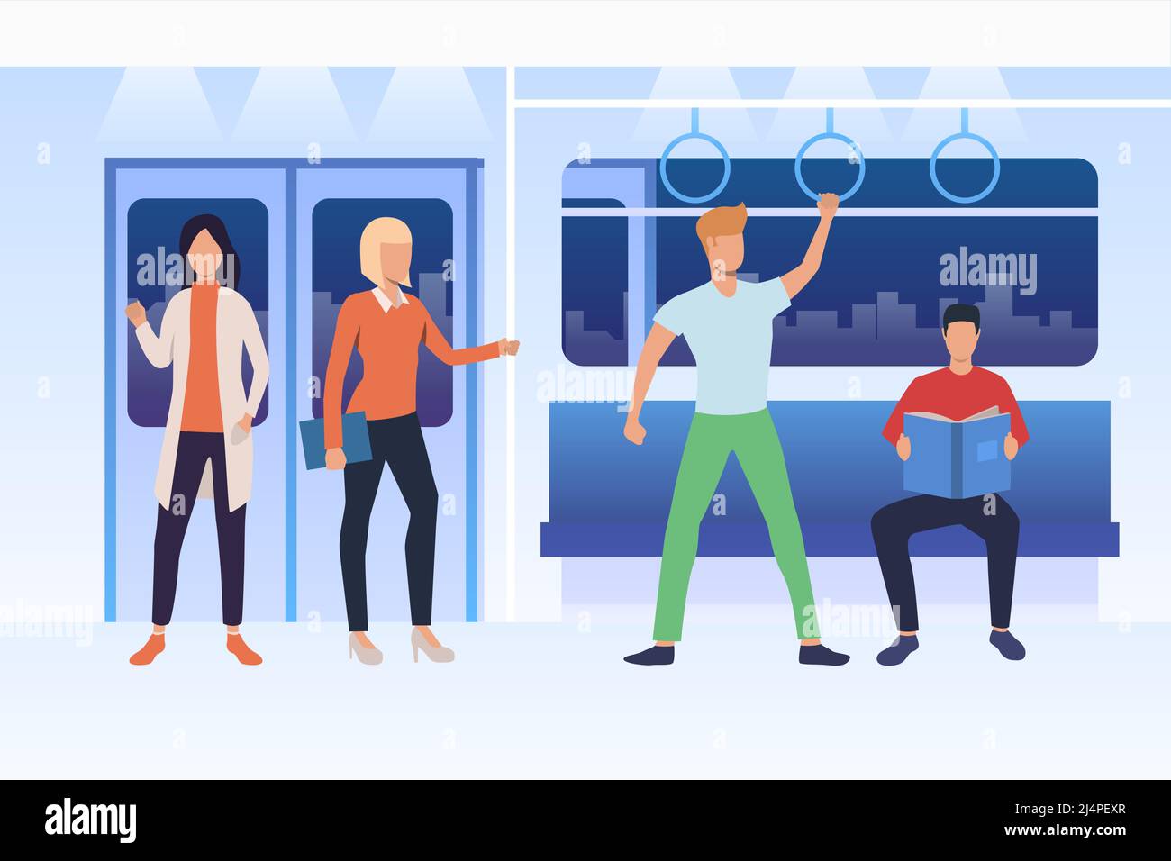 Pendler, die mit der U-Bahn fahren. Männer und Frauen sitzen, stehen und lesen in der Kutsche. Konzept des öffentlichen Nahverkehrs. Vektorgrafik kann uns sein Stock Vektor