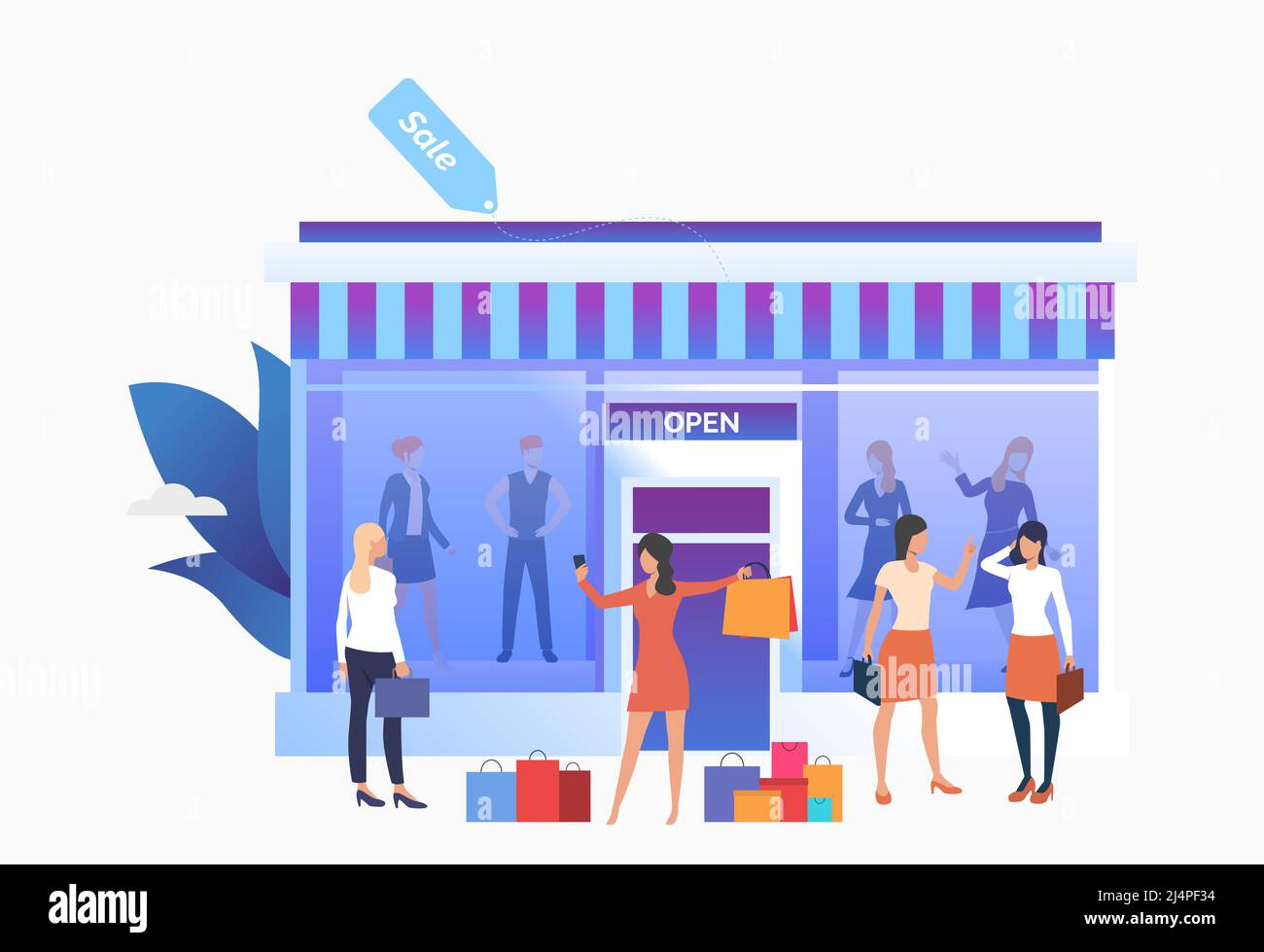 Menschen stehen und halten Taschen in der Nähe des Ladens. Menschen, die im Geschäft Kleidung auswählen und kaufen. Modegeschäft, Boutique-Konzept. Vektorgrafik ca. Stock Vektor