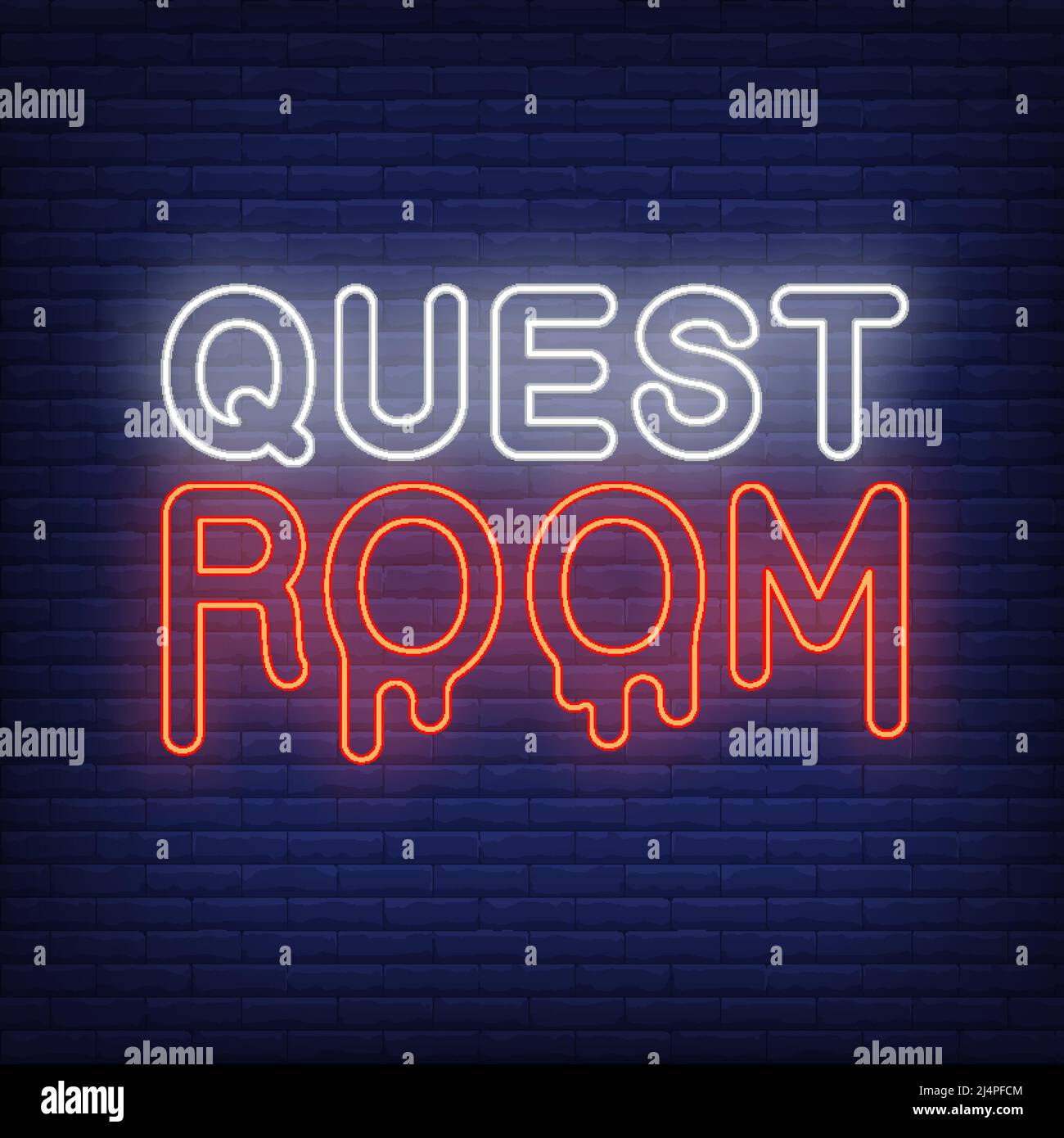 Neonschild im Quest-Zimmer. Blutige Buchstaben auf Backsteinmauer Hintergrund. Leuchtende Banner- oder Billboard-Elemente. Vektorgrafik im Neon-Stil für Poster, fl Stock Vektor