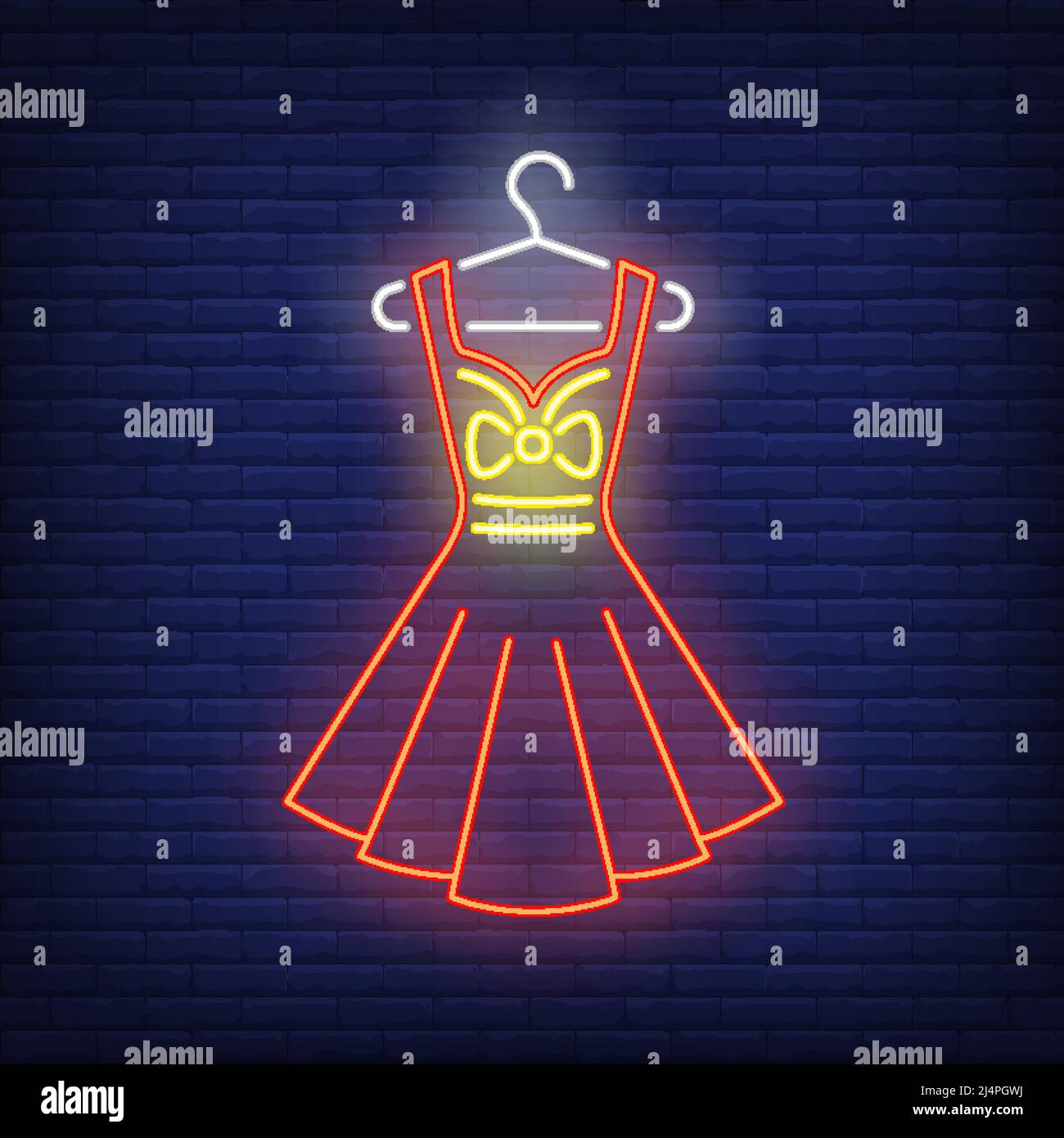 Kleid auf Aufhänger Neon-Schild. Einkaufen, Mode, Bekleidung. Neues Sammlungskonzept. Vektor-Illustration in Neon-Stil für Werbung, Online-Shopping, fa Stock Vektor