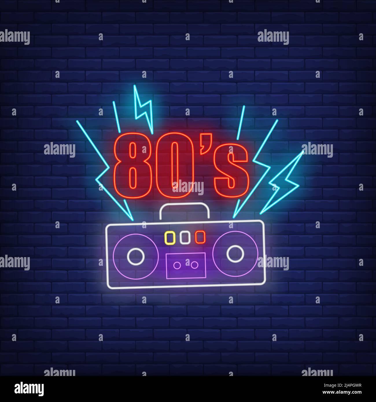 80er Jahre Neon-Schriftzug mit Kassettenspieler. Unterhaltung, Party, Disco-Design. Nachts helles Neonschild, bunte Plakatwand, Lichtbanner. Vektor-Abb. Stock Vektor