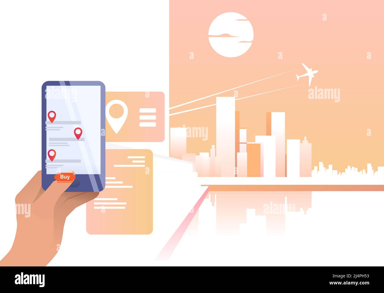 Person, die die Online-App verwendet und ein Flugticket kauft. Handy, Handy, Flugzeug. Flugbuchungskonzept. Vektorgrafik kann für Themen l verwendet werden Stock Vektor