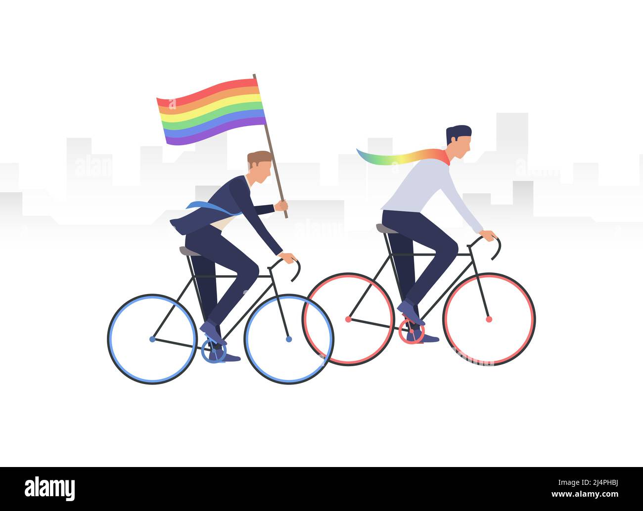 Männlich Gay paar Reiten Fahrräder. Zwei Männer, die Fahrrad fahren und mit Regenbogenfahne halten. Homosexualität Konzept. Vektorgrafik kann für Themen verwendet werden Stock Vektor