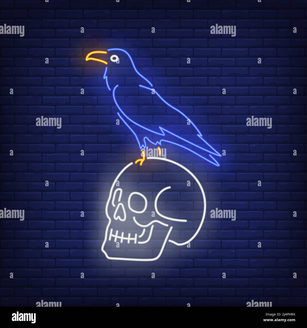 Krähe sitzt auf menschlichen Schädel Neon-Schild. Vogel-, Horror-, Halloween-Design. Nachts helles Neonschild, bunte Plakatwand, Lichtbanner. Vektorgrafik i Stock Vektor