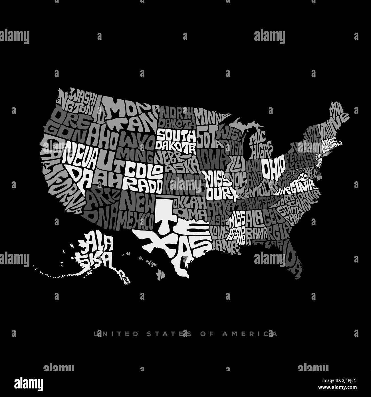 USA Karte Typografie. Kartenbeschriftung der Vereinigten Staaten von Amerika in schwarz-weiß. Stock Vektor