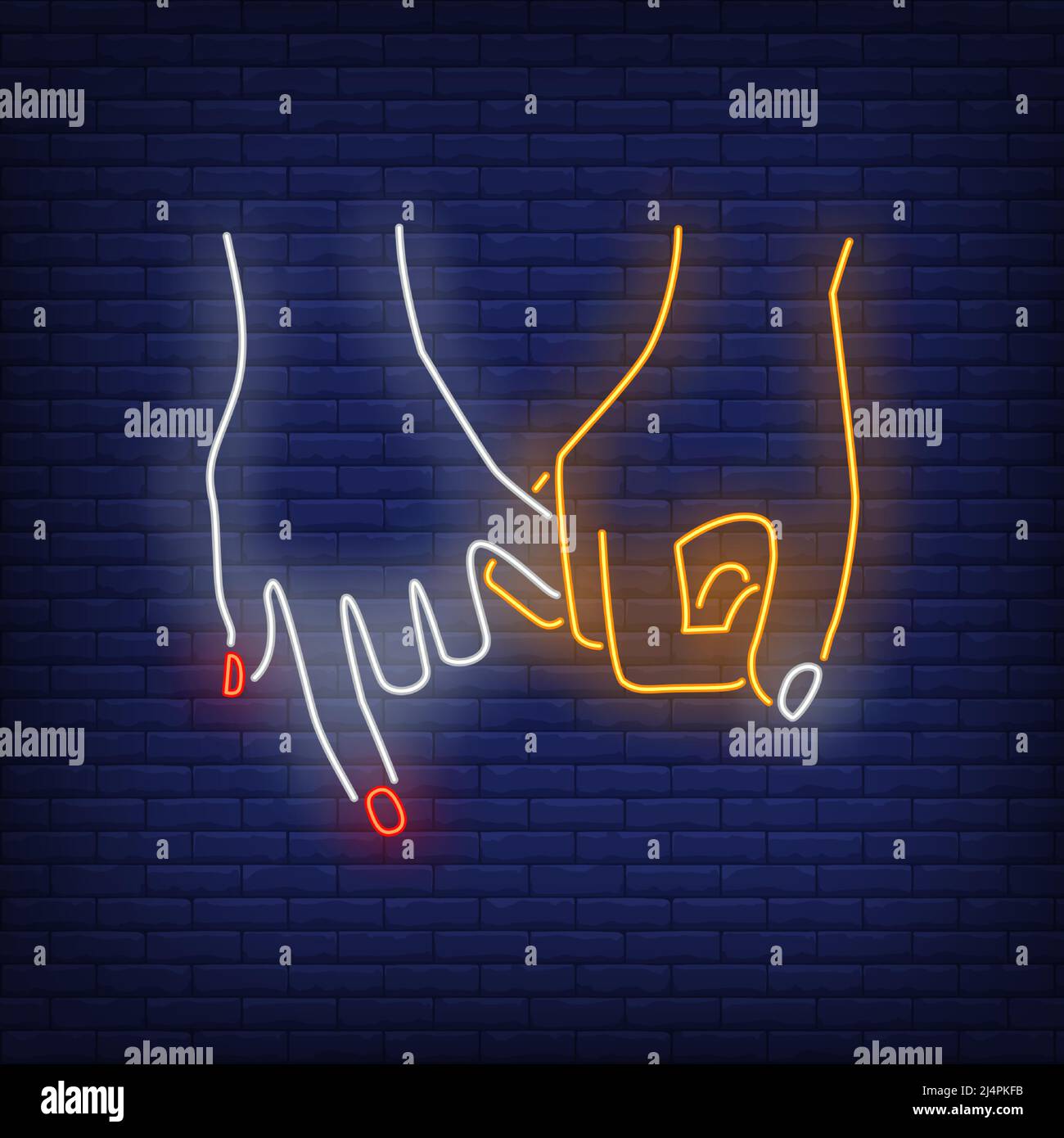 Mann und Frau Hände halten kleine Finger Neonschild. Freundschaft, Liebe, Werbegestaltung. Nachts helles Neonschild, bunte Plakatwand, Lichtbanner Stock Vektor