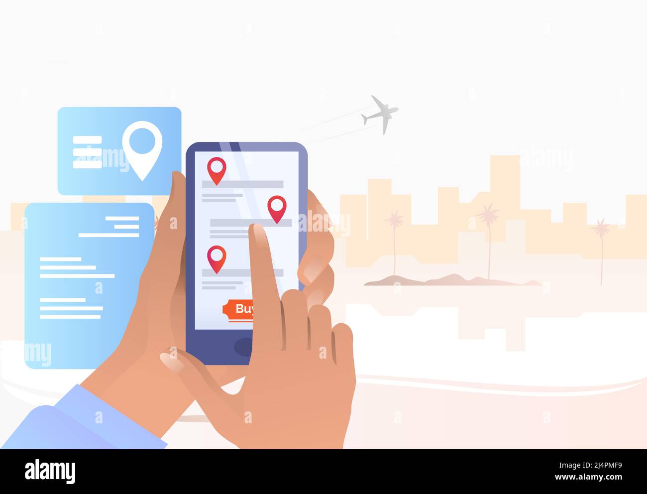 Person, die Tickets auf der Reise-Website kauft. Touchscreen mit dem Finger berühren. Flugbuchungskonzept. Vektorgrafik kann für Themen wie Urlaub, Tri verwendet werden Stock Vektor
