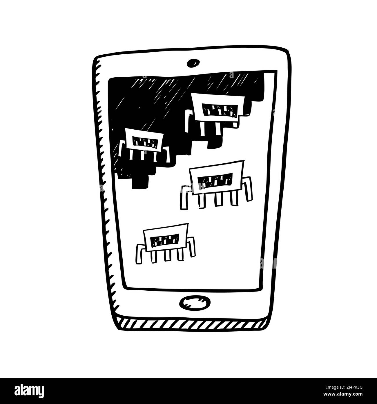 Cartoon-Stil schwarz und weiß Doodle des Mobiltelefons mit angreifenden Virus auf dem Bildschirm. Stock Vektor