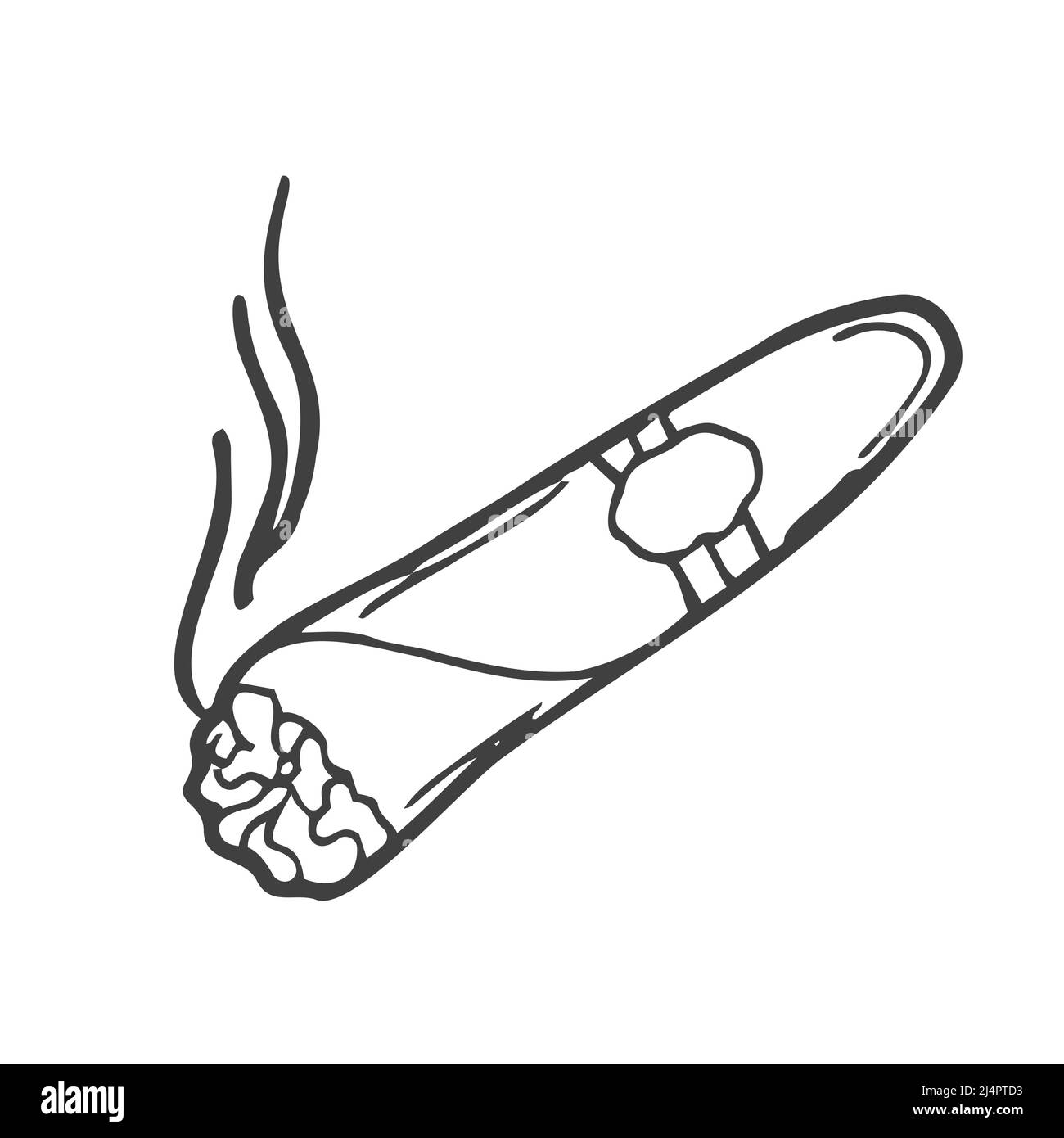 Doodle Hand gezeichnet Cartoon zündete Zigarre mit Rauch. Isoliert auf weißem Hintergrund. Stock Vektor