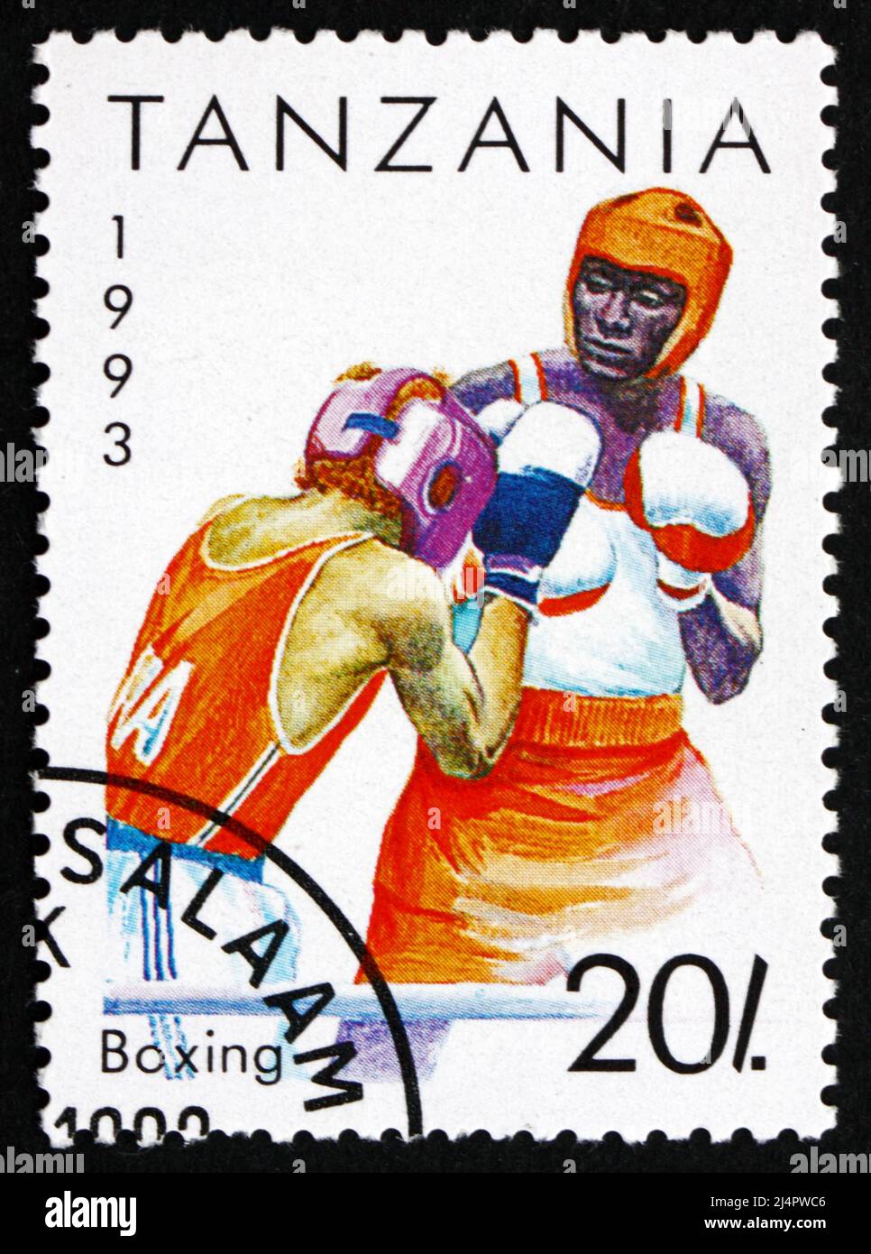 TANSANIA - UM 1992: Eine in Tansania gedruckte Briefmarke zeigt Boxen, Sport, um 1992 Stockfoto