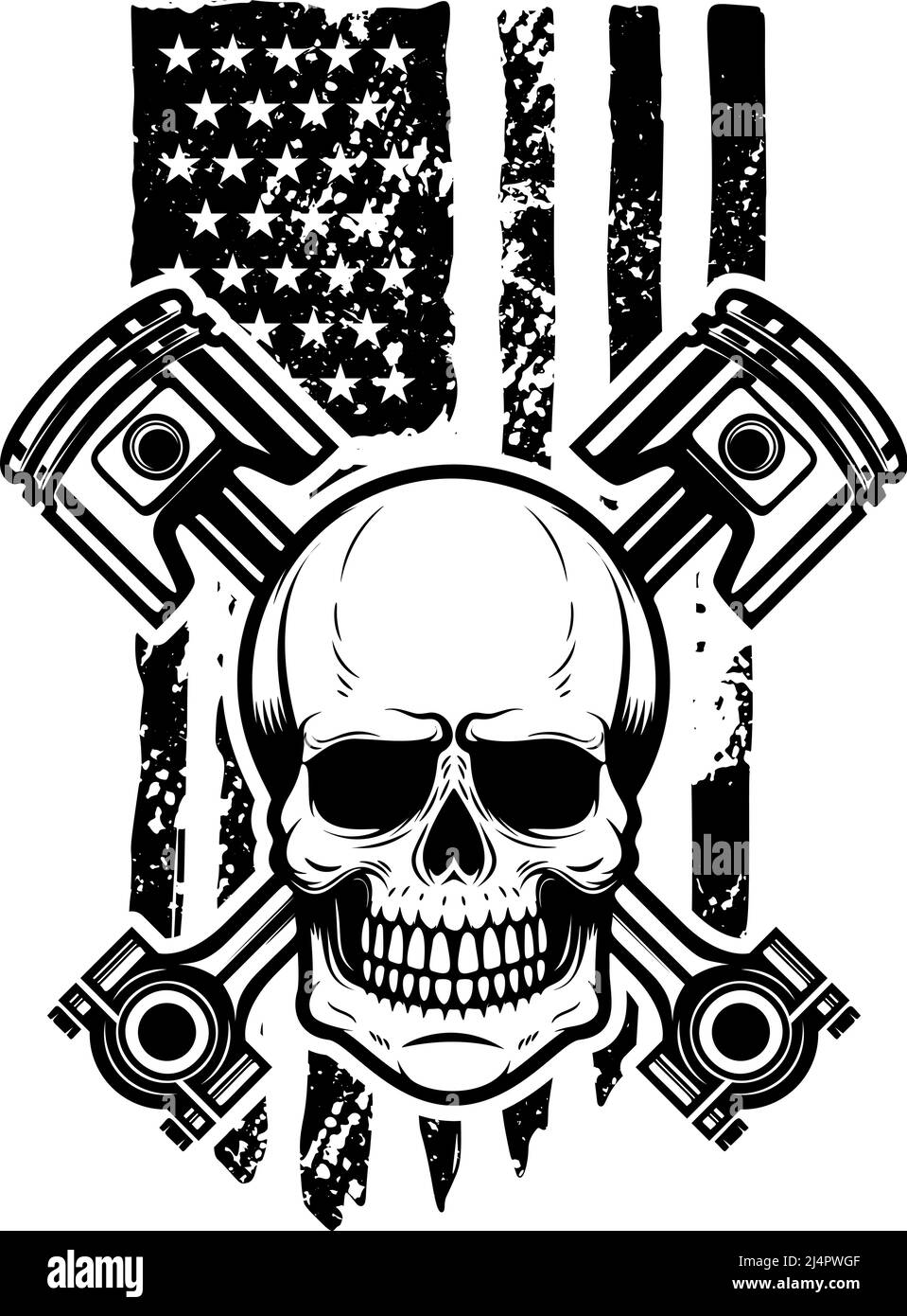 Schädel mit gekreuzten Kolben auf amerikanischer Flagge Hintergrund. Gestaltungselement für Logo, Emblem, Schild, Poster, T-Shirt. Vektorgrafik Stock Vektor