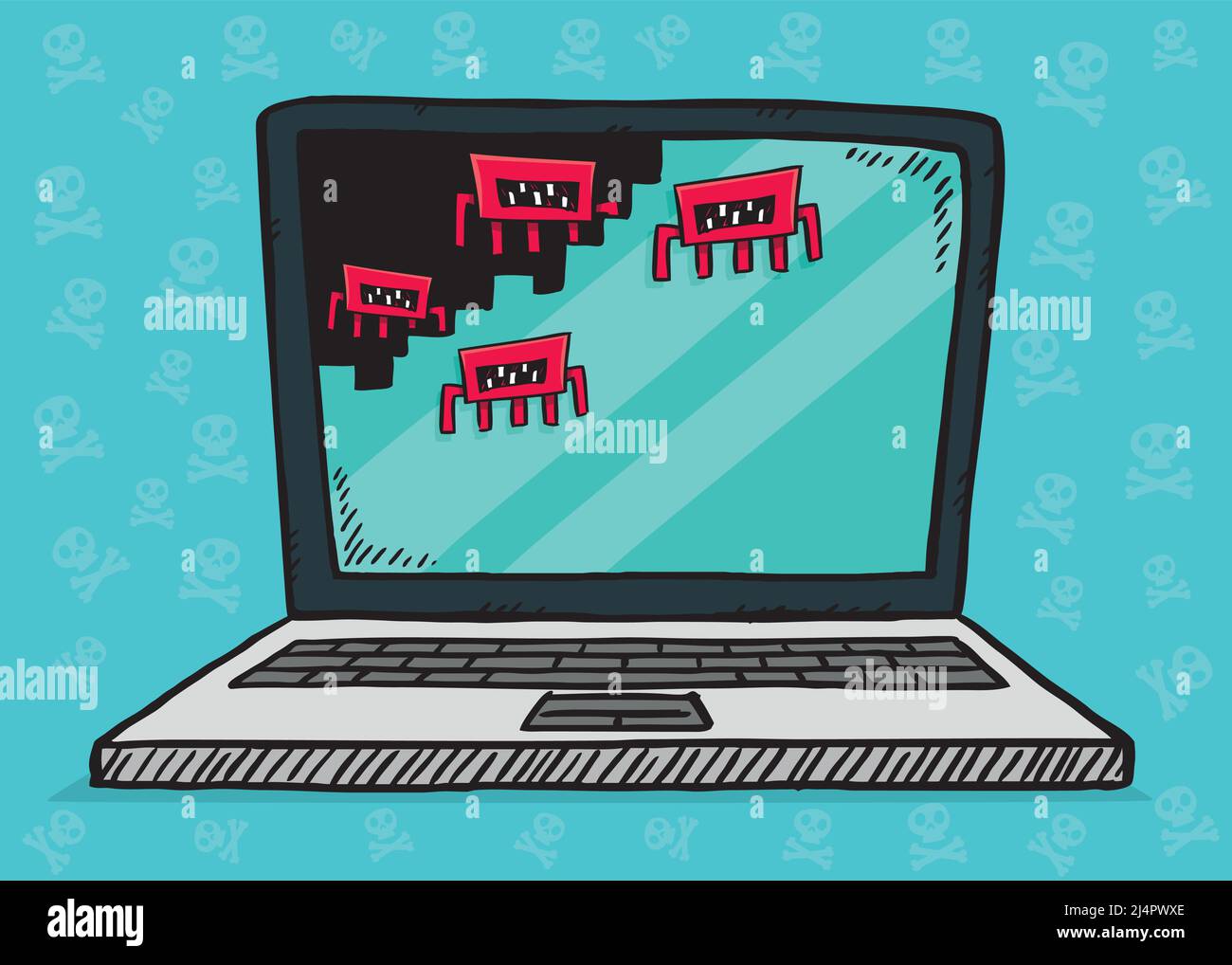 Handgezeichnete Illustration eines Laptops, der von Computerviren angegriffen wird, die seinen Speicher löschen. Vektor des Skizzenstils. Stock Vektor