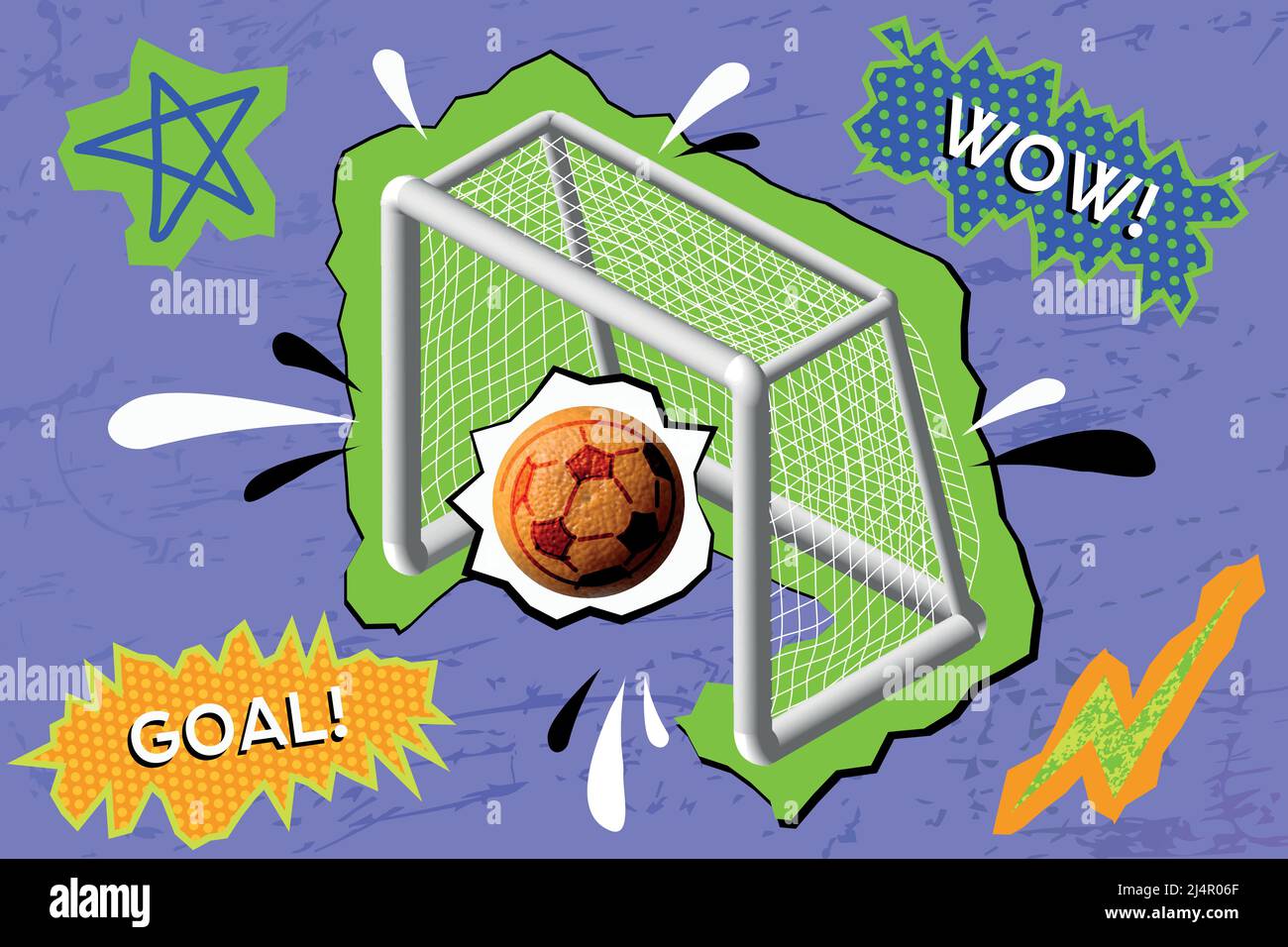 Eine Kugel fliegt ins Tor. Tor erzielen. Flieder Hintergrund im Pop Art Stil, Retro, Comic Stock Vektor