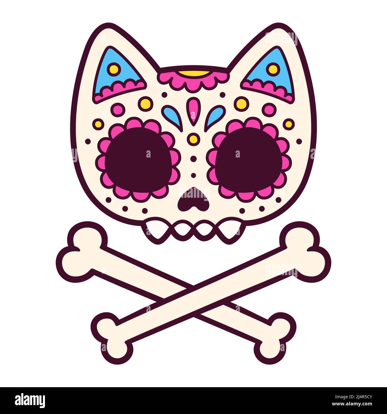 Niedliche Cartoon mexikanische gemalt Katze Schädel und Crossbones. Dia de los Muertos (Tag der Toten) Zeichnung, Vektorgrafik. Stock Vektor