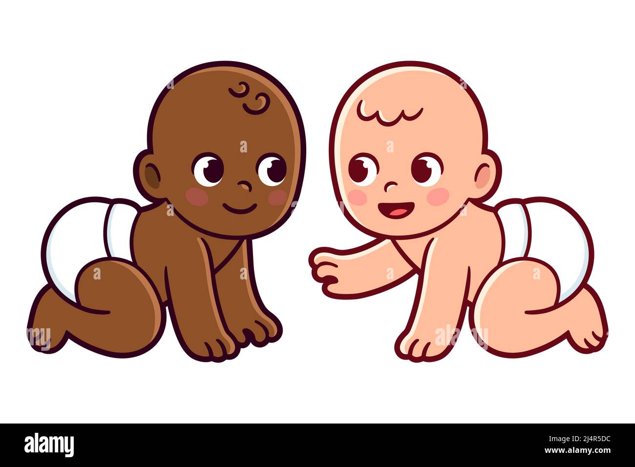 Zwei süße kleine Babys, Schwarz und Kaukasisch. Kleine Freunde von verschiedenen Hautfarben. Vektorgrafik Clip Art Illustration. Stock Vektor