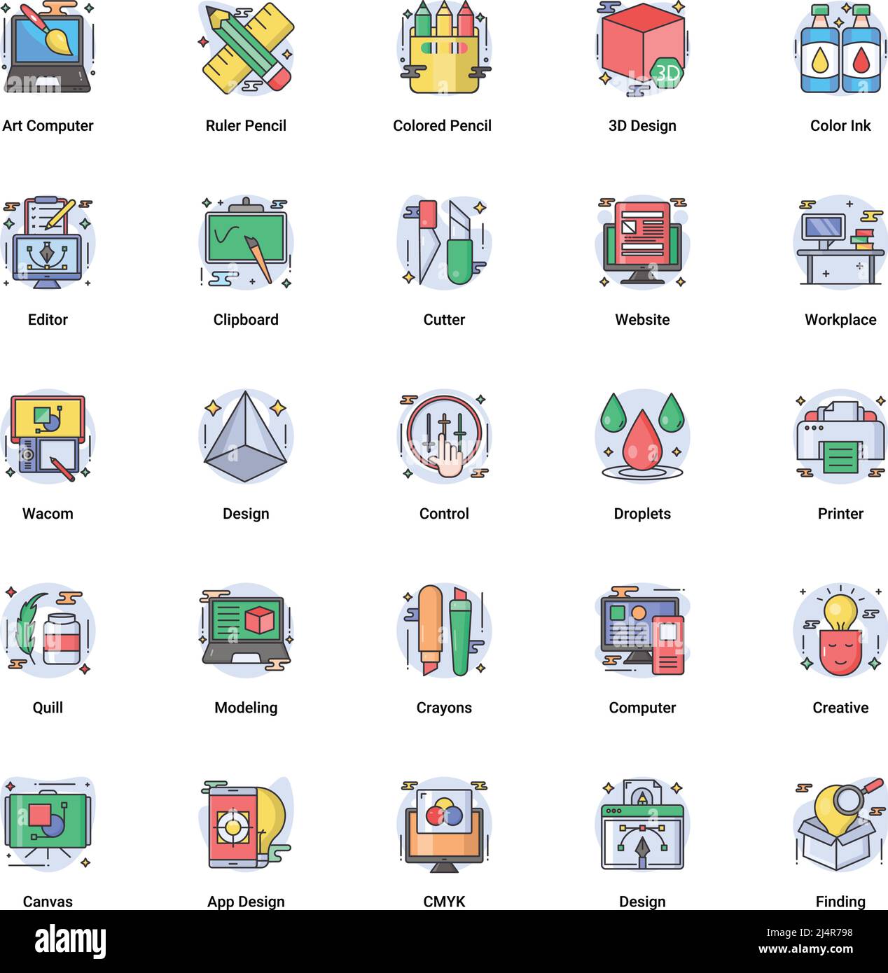 Kunst & Design, Zeichnung und Web-und Grafik-Design-Icons gesetzt. Flach gefüllt Outline Vektor Illustration. Stock Vektor