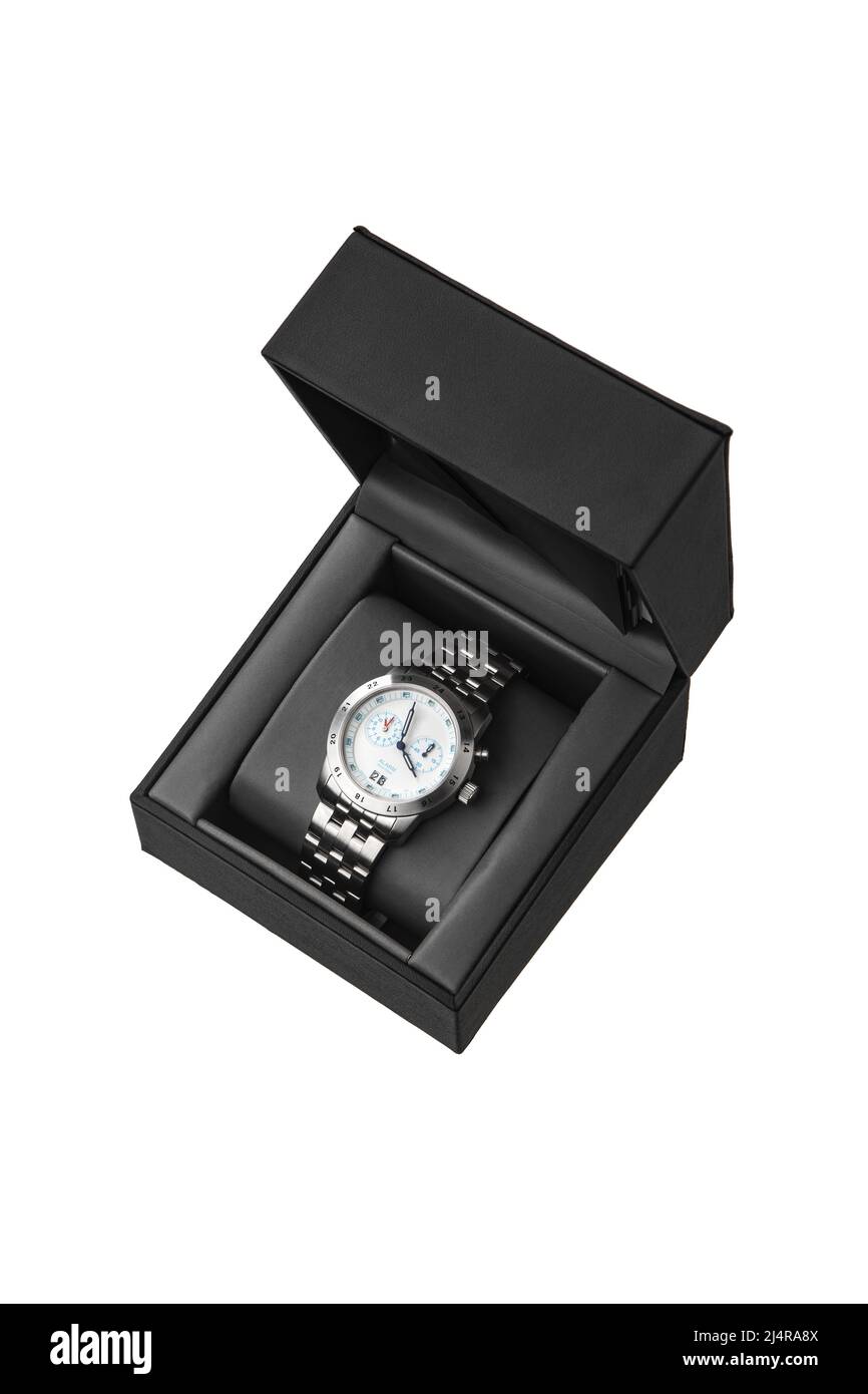 Armbanduhr isoliert auf weißem Hintergrund. Sportuhr mit Metallarmband. Uhren für Taucher. Stockfoto Armbanduhr isoliert auf weißem Hintergrund. Sportuhr mit Metallarmband. Uhren für Taucher. Stockfoto