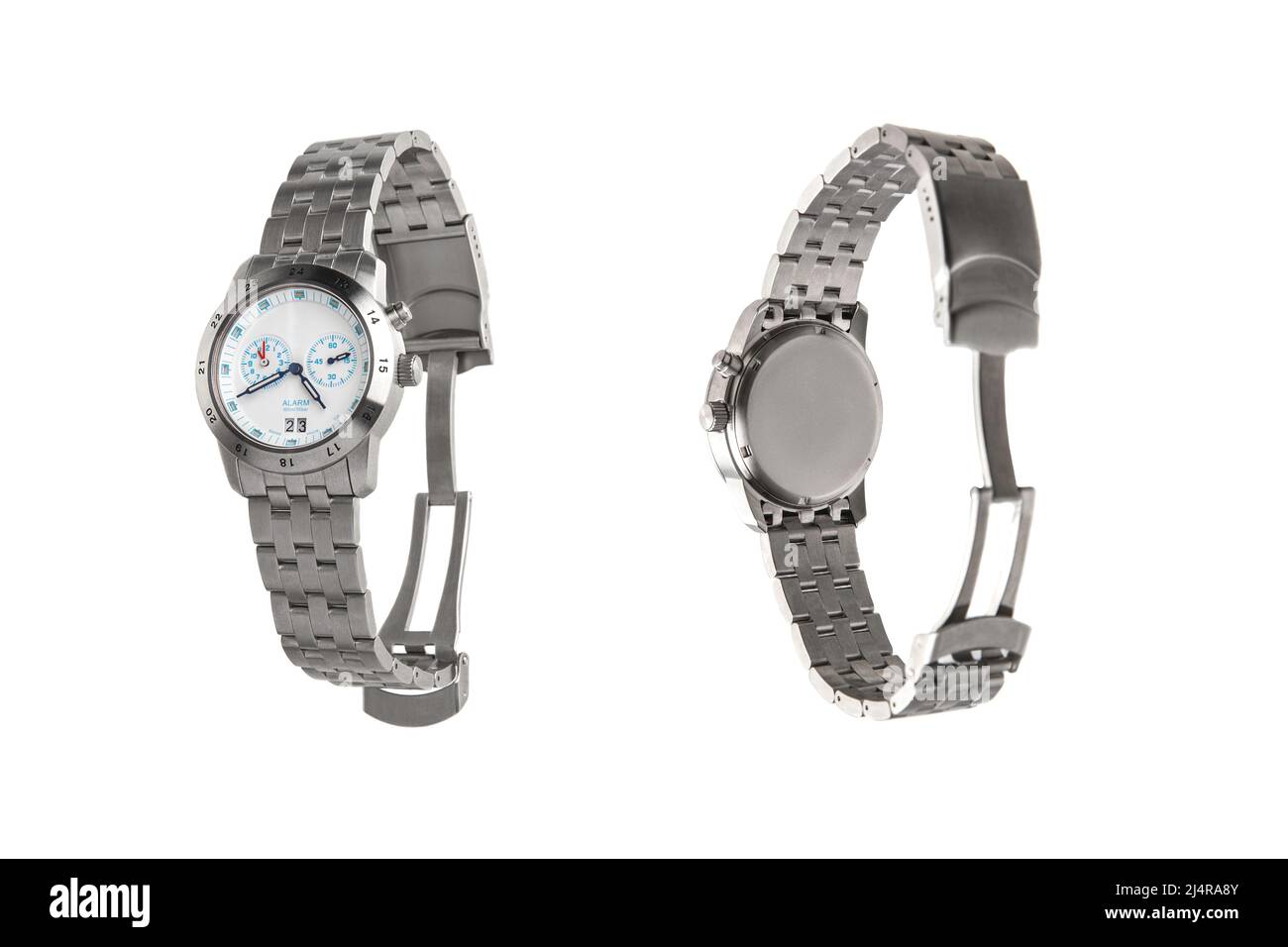 Armbanduhr isoliert auf weißem Hintergrund. Sportuhr mit Metallarmband. Uhren für Taucher. Stockfoto Armbanduhr isoliert auf weißem Hintergrund. Sportuhr mit Metallarmband. Uhren für Taucher. Stockfoto