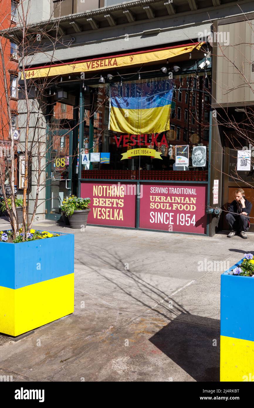 Veselka, das ikonische ukrainische Restaurant im East Village, bekannt für Borscht und Zentrum der ukrainischen Gemeinde. New York, NY, USA. Stockfoto