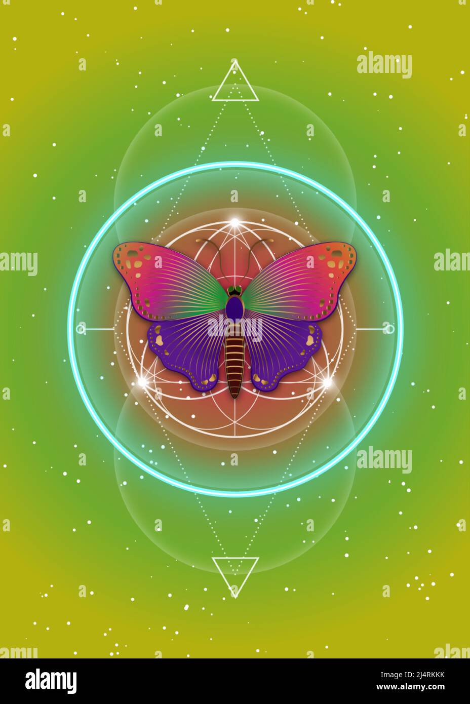 Schmetterling über Mandala, Heilige Geometrie, Logo-Symbol für Harmonie und Balance, leuchtendes Psychedelisches Neon. Farbenfrohe geometrische Ornamente, Yoga-Relax-Zeichen Stock Vektor