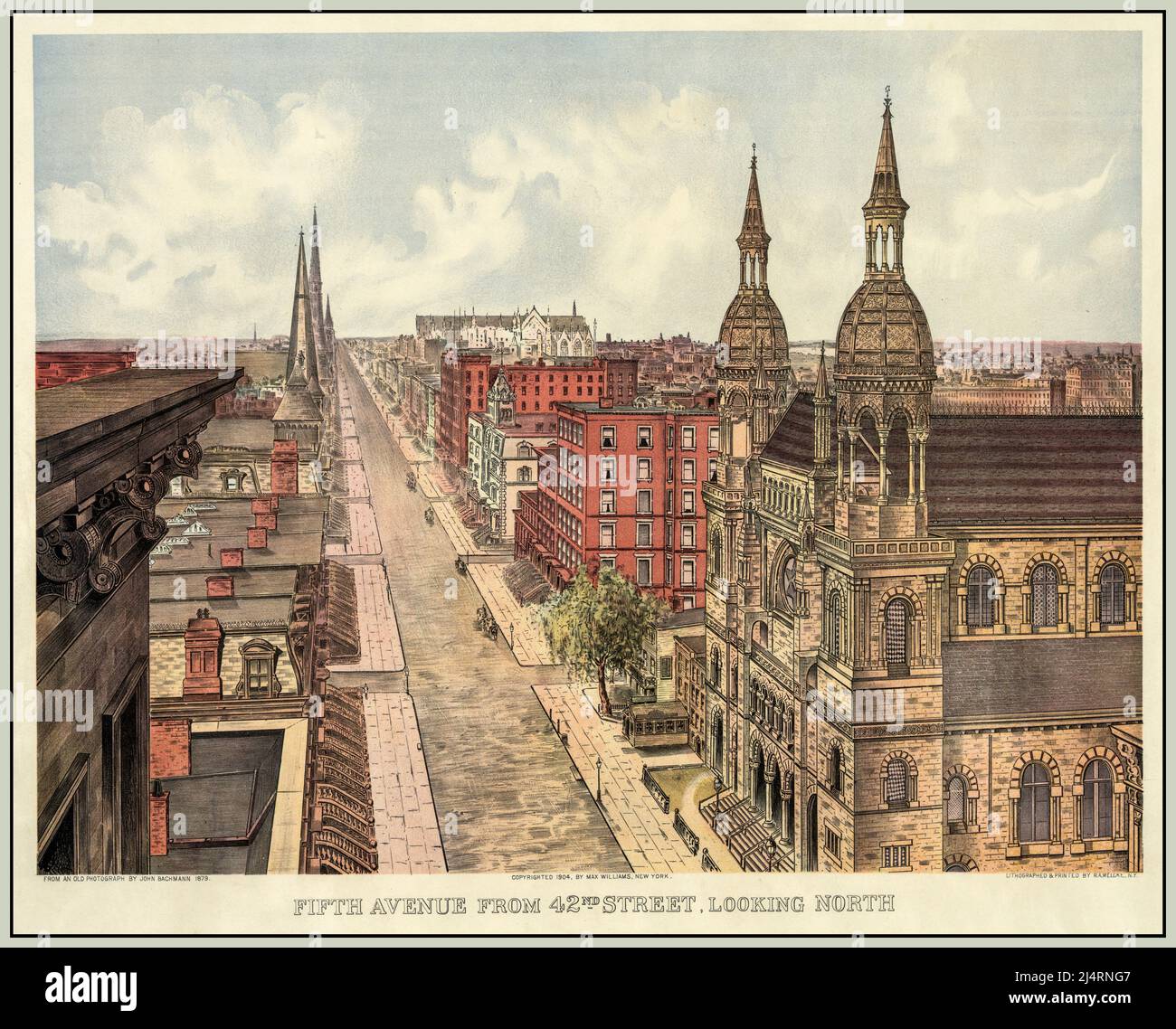 1800s New York Fifth Avenue von der 42. Street in Richtung Norden. Aus einer alten Fotografie von John Bachmann 1879. Lithographie von R A Welcke New Yorker Künstler Max Willams Stockfoto