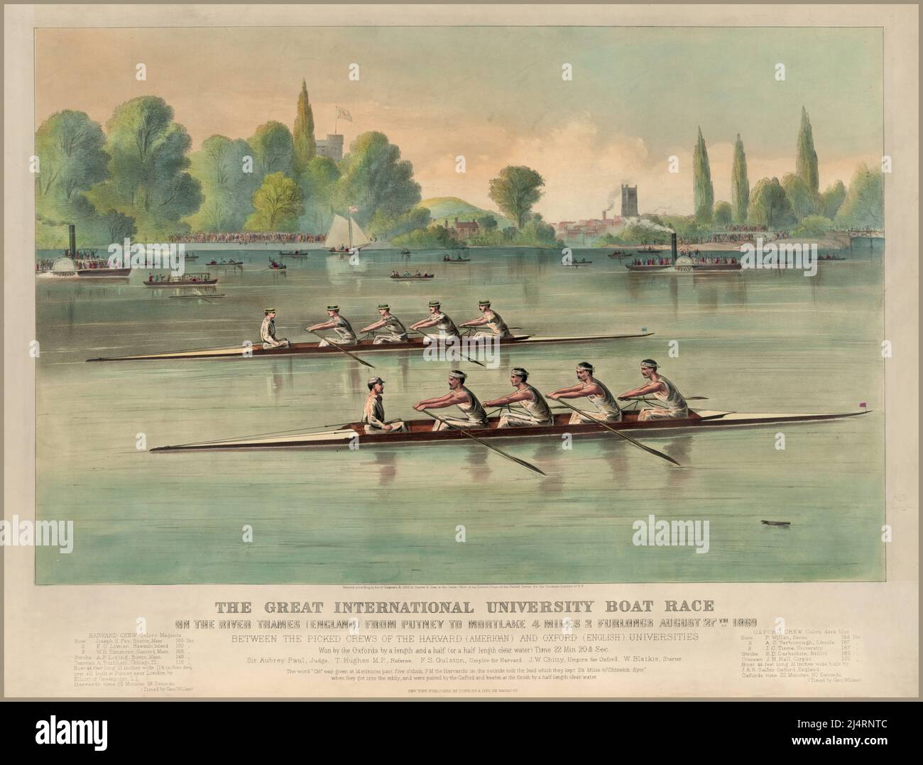 THE BOAT RACE Vintage 1869 handkolorierte Lithografie, die „das große internationale Universitäts-Bootsrennen auf der Themse (England) von Putney nach Mortlake, 4 Meilen 2 furlongs, 27. August 1869: Zwischen den ausgewählten Mannschaften der Harvard (American) und Oxford (englisch) Universitäten“ darstellt. Datum 1869 Stockfoto