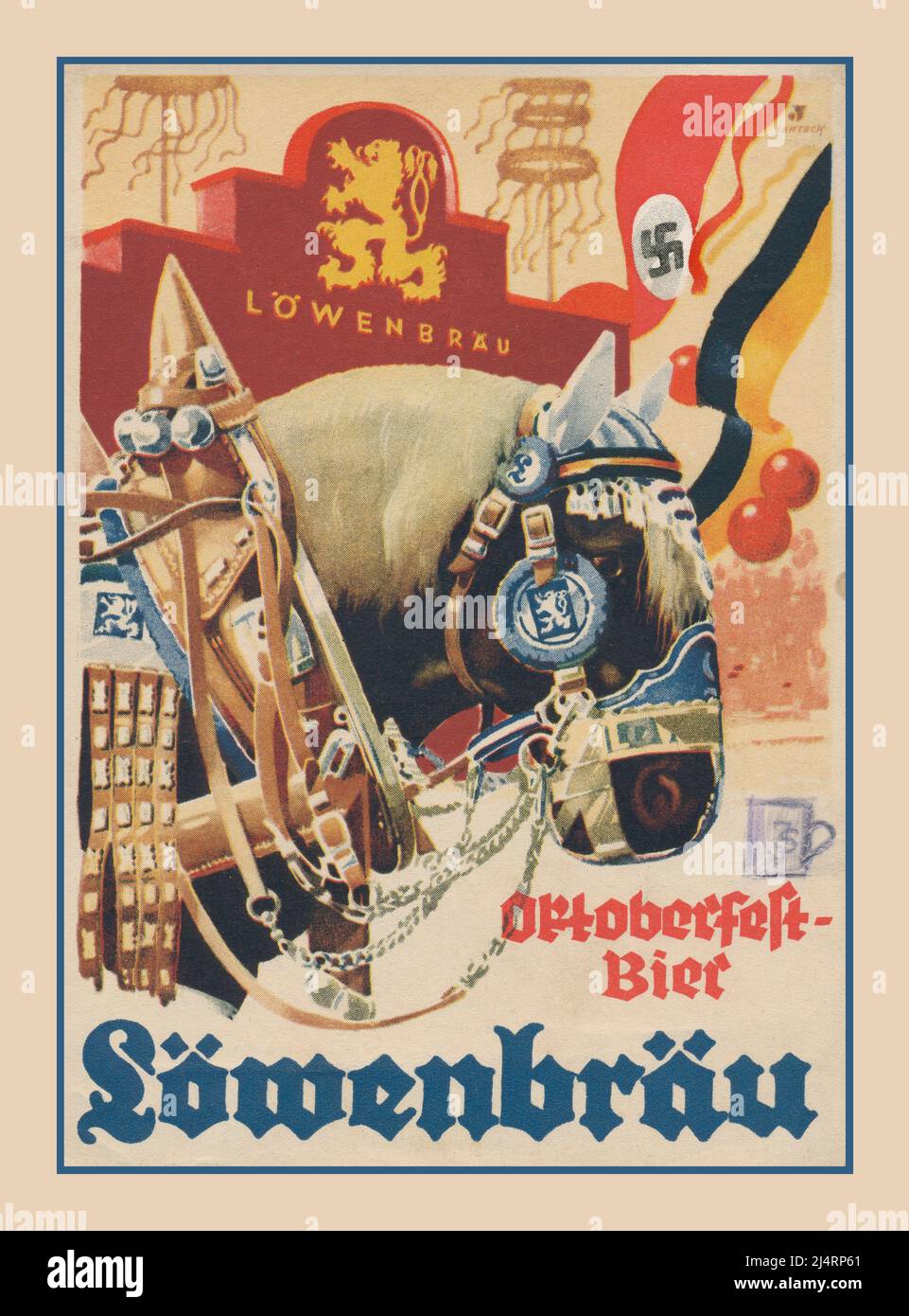 1930s Lowenbräu-Bierplakat-Karte beim Oktoberfest 'Oktoberfest Bier' mit Nazi-Deutschland-Swastika-Fahne im Hintergrund München Nazi-Deutschland Stockfoto