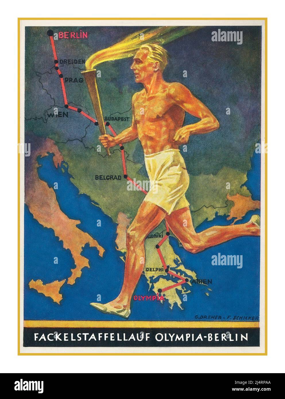 1936 Olympische Spiele in Nazi-Deutschland-Berlin, bei denen die olympische Fackel vom maskulinen, blonden arierläufersportler von Olympia nach Berlin getragen wird Nazi-Deutschland 'fackelstaffellauf Olympia-Berlin' 'FACKEL Relais OLYMPIA BERLIN' die Olympischen Sommerspiele 1936, Offiziell bekannt als die Spiele der XI. Olympiade und allgemein bekannt als Berlin 1936 oder die Nazi-Olympiade, waren eine internationale Multisport-Veranstaltung, die vom 1. Bis 16. August 1936 in Berlin, Nazi-Deutschland, stattfand Stockfoto