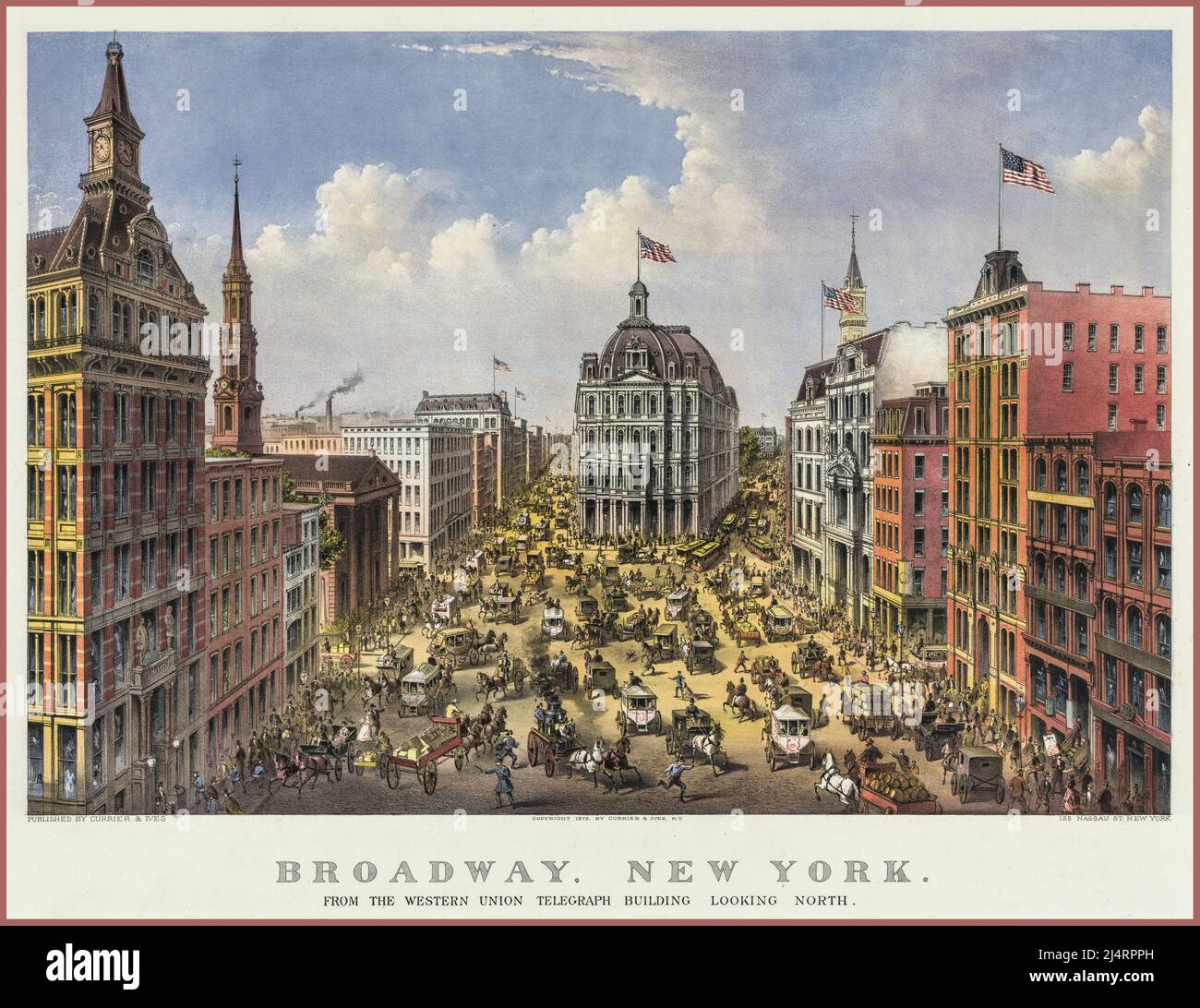 Vintage 1800s Lithographie BROADWAY Manhattan New York USA vom Western Union Telegraph Building nach Norden. Amerika USA Illustration von Currier & Ives Stockfoto