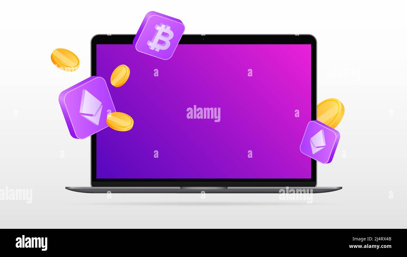 Vorderansicht Des Laptops. Kreativer Cryptocurrency Mockup. Vektorgrafik Stock Vektor