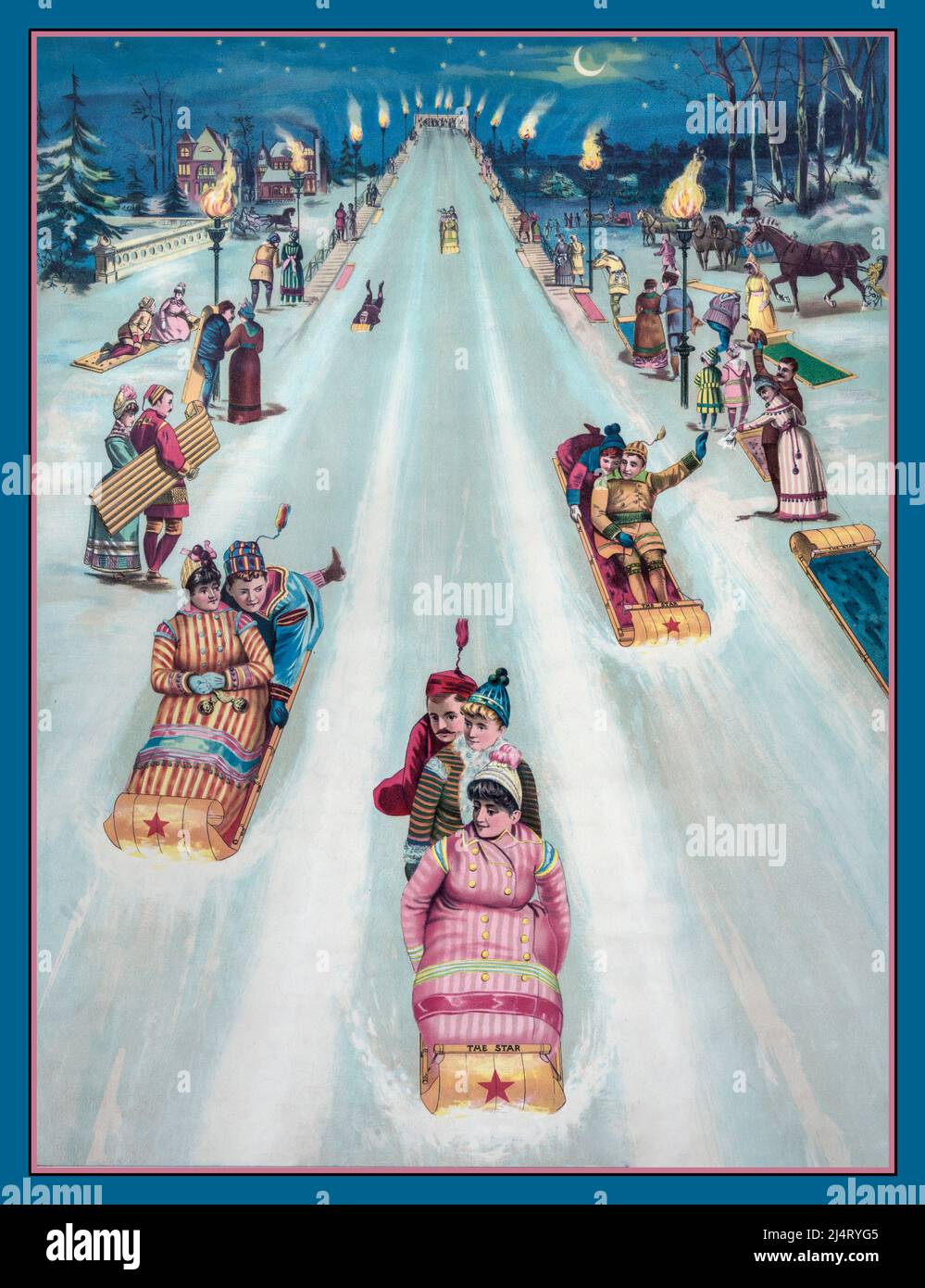 Vintage 1800s Rodeln Rodeln Schnee Eis Winterszene Werbung Plakat für STERNRODELN mit Menschen Rodeln bei Nacht Phoenix Litho Company Chicago USA Stockfoto