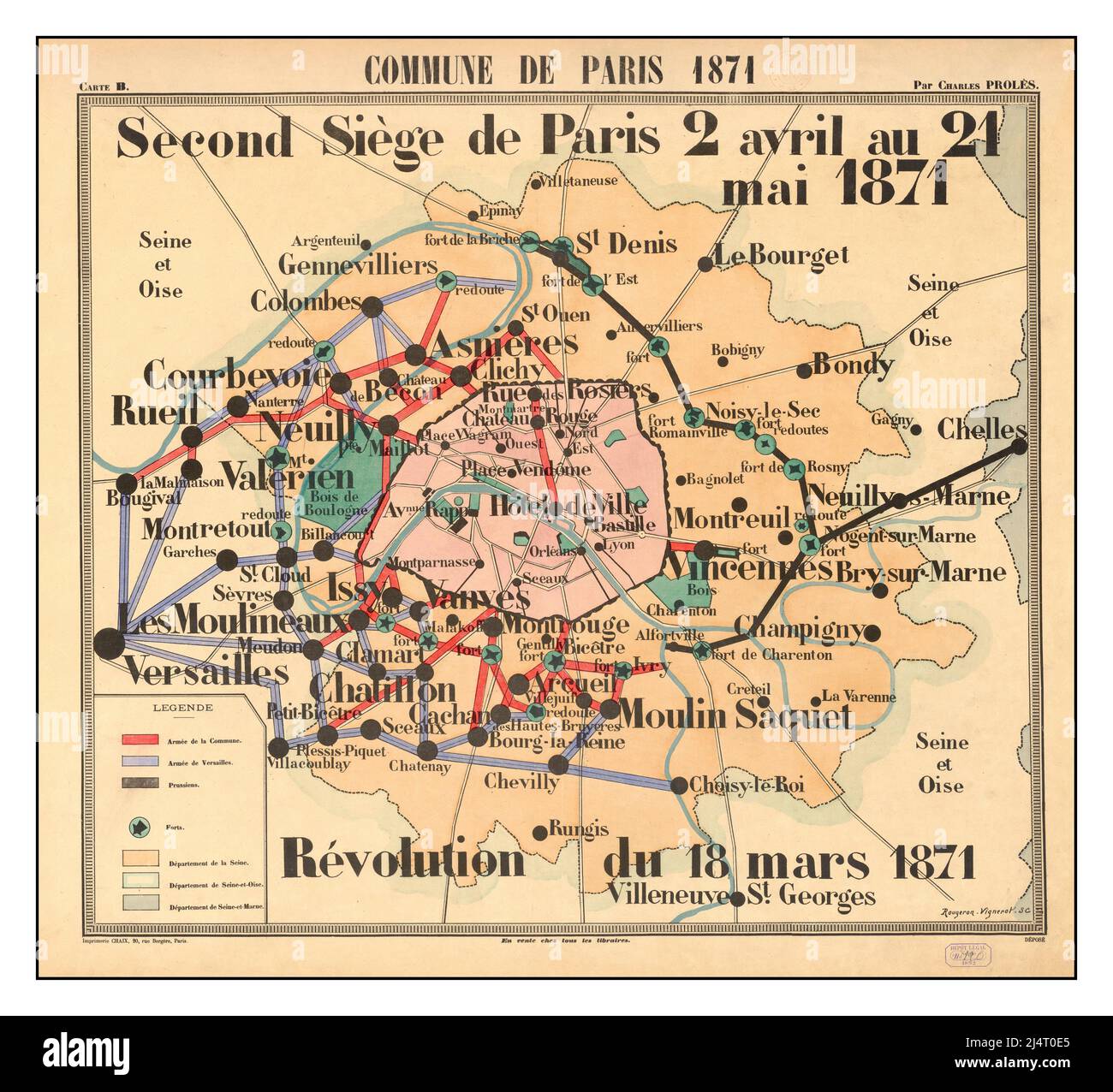 Vintage Commune De Paris 1871 Kartendiagramm Second Seige Commune de Paris 1871 : Carte B. Second siège de Paris 2 avril au 21 Mai 1871. Révolution du 18 mars 1871 / par Charles Prolès ; Rougeron Vignerot sc. Stockfoto