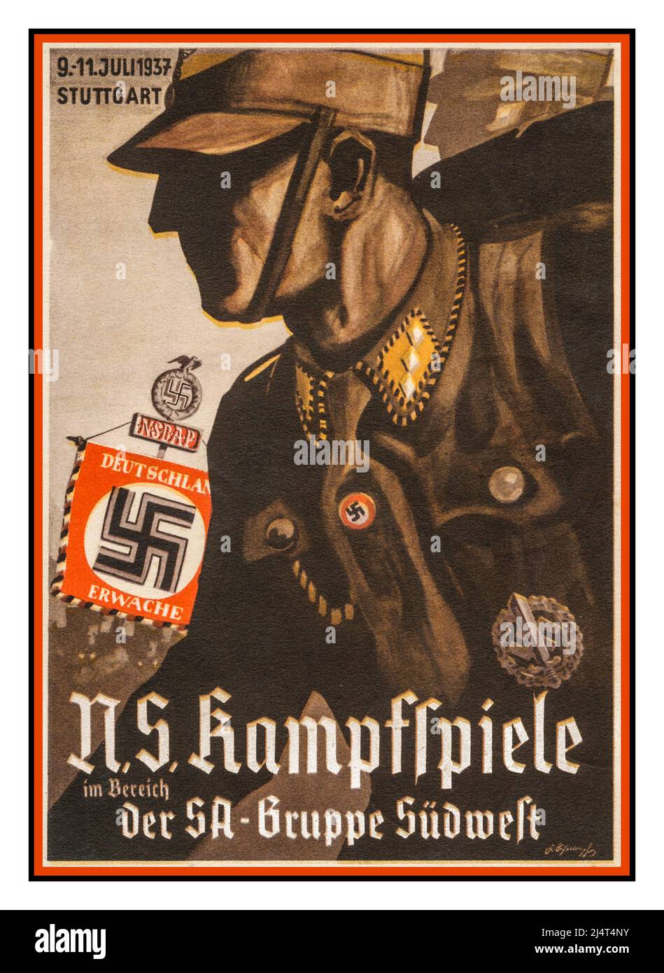 NS UNIFORM Vintage Nazi Propaganda Poster Card NSDAP 9-11. Juli 1937 Rallye Stuttgart, mit Deutschland Erwache Swastika Banner Deutsche NS Kampfspiele NS Kampfspiele der SA Group Southwest, 9.-11. Juli 1937 Stuttgart Nazi-Deutschland die Sturmabteilung (SA) war der ursprüngliche paramilitärische Flügel der Nazi-Partei. Es spielte eine wichtige Rolle bei Adolf Hitlers Aufstieg an die Macht in den Jahren 1920s und 1930s. Stockfoto