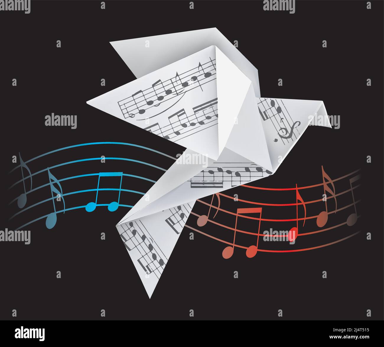 Origami-Tauben mit musikalischen Noten. Stilisierte Illustration von Papiertauben und Welle mit musikalischen Noten auf schwarzem Hintergrund. Poetisches musikalisches Motiv. Stock Vektor
