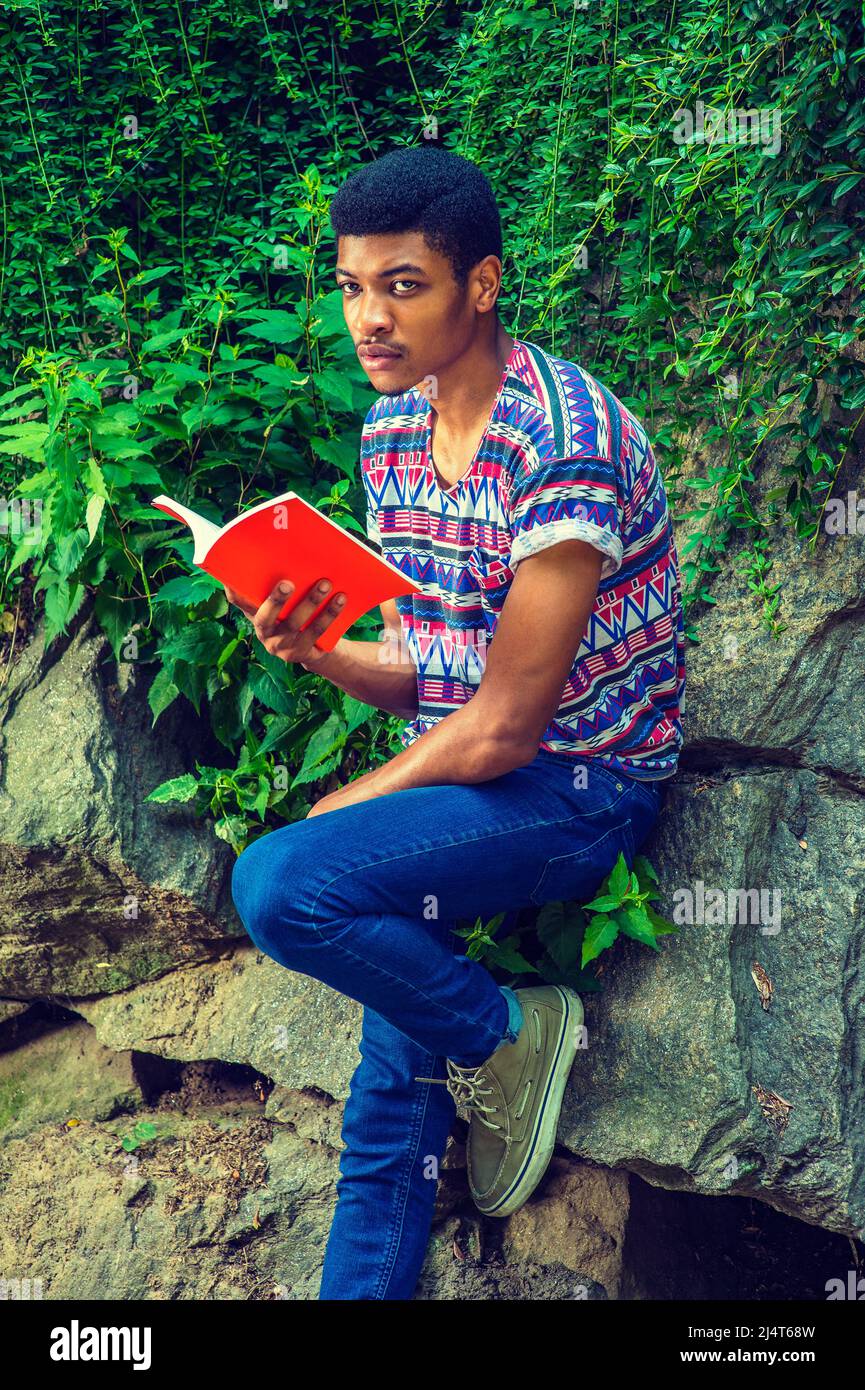 Mann Beim Lesen Draußen. Mit einem kurzärmeligen, kragenlosen, farbenfrohen Musterkhemd und einer blauen Jeans sitzt ein junger Student mit gre gegen Felsen Stockfoto