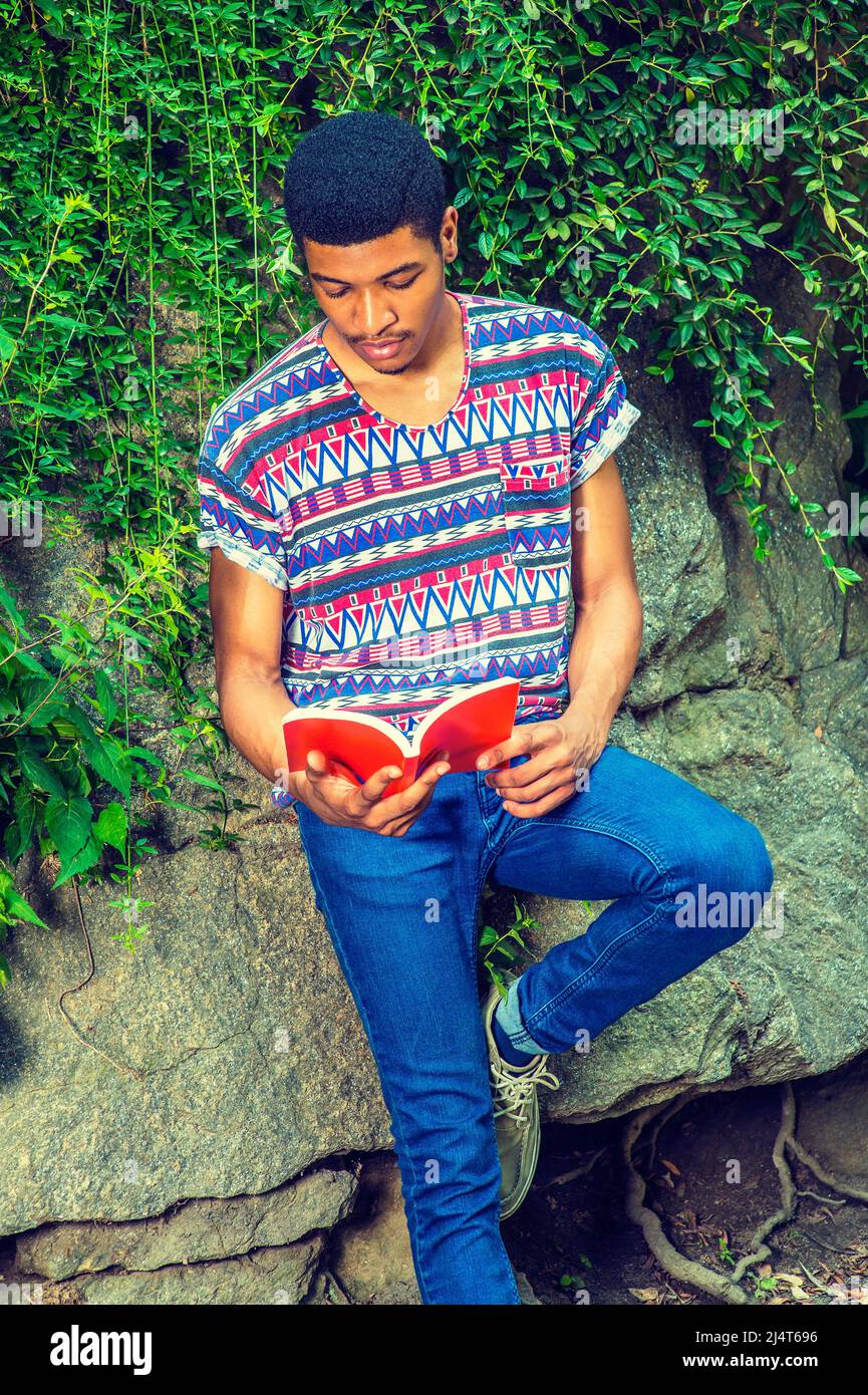 Mann Beim Lesen Draußen. Mit einem kurzärmeligen, kragenlosen, farbenfrohen Musterkhemd und einer blauen Jeans sitzt ein junger Student mit gre gegen Felsen Stockfoto
