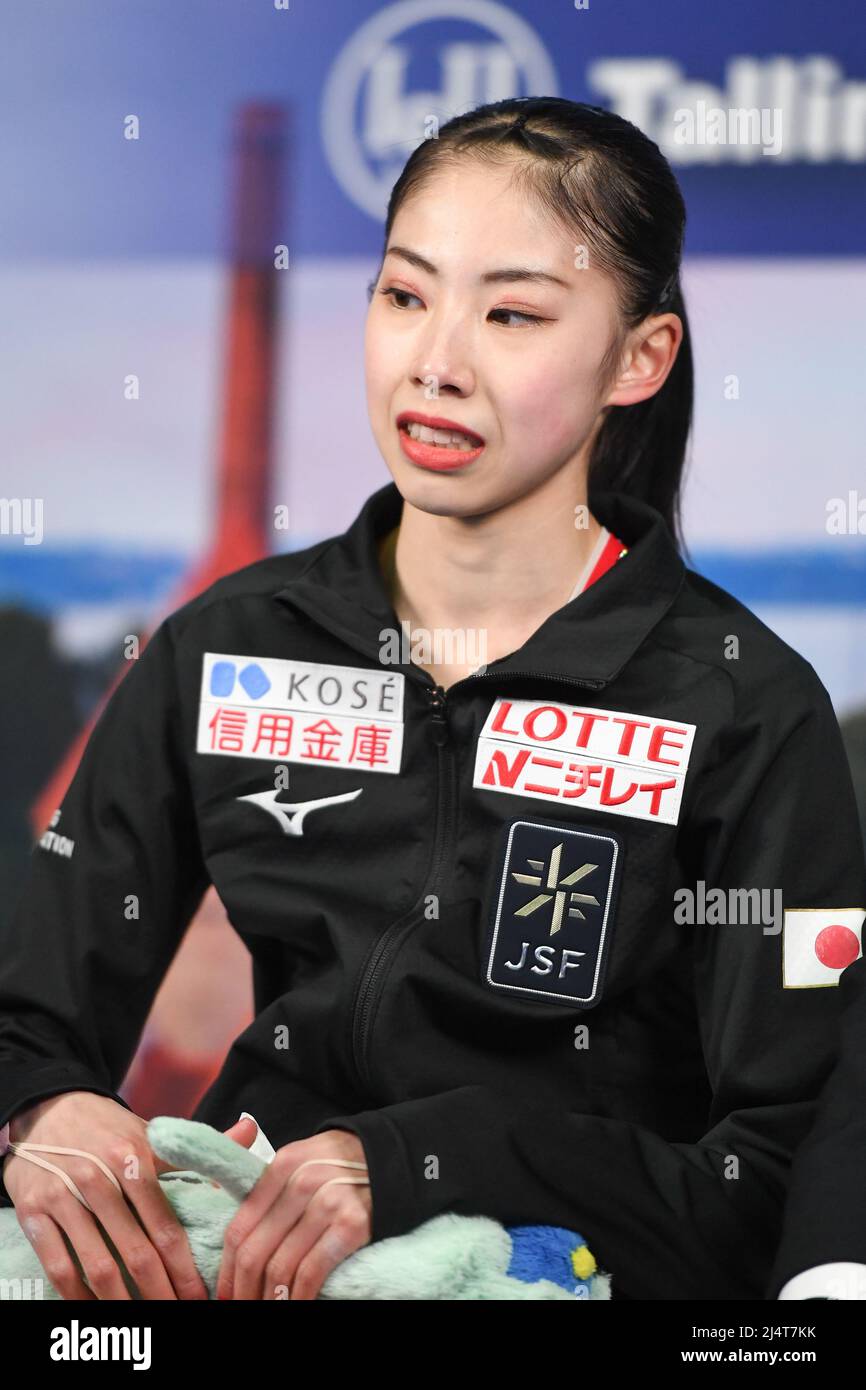 Rion SUMIYOSHI (JPN), bei Kiss & Cry während des Freilaufens der Frauen, bei den ISU-Junioren-Eiskunstlauf-Weltmeisterschaften 2022, in der Tondiraba Ice Hall, am 17. April 2022 in Tallinn, Estland. Quelle: Raniero Corbelletti/AFLO/Alamy Live News Stockfoto