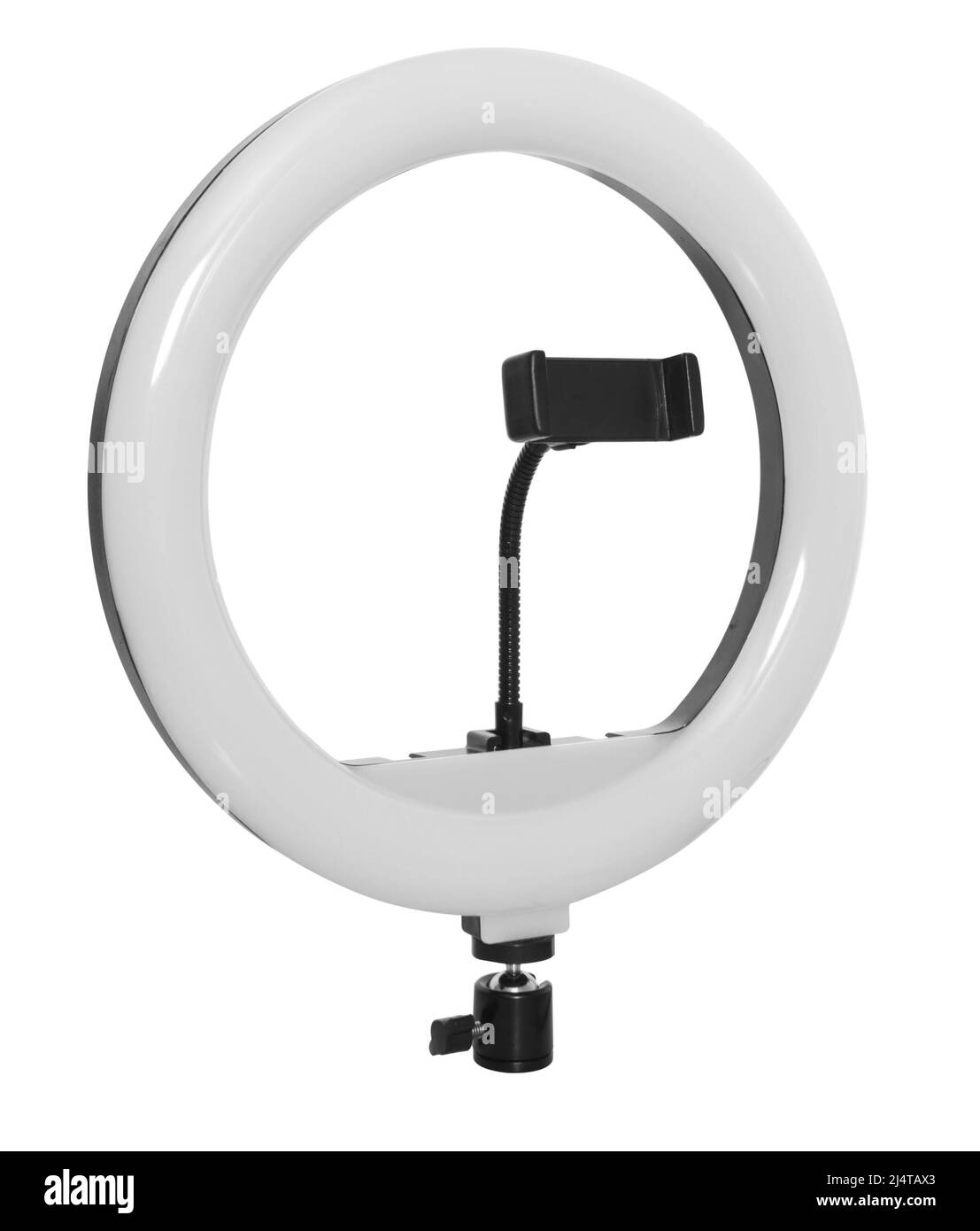 Selfie-Ringlampe mit Smartphone-Halterung, isoliert auf weißem Hintergrund Stockfoto