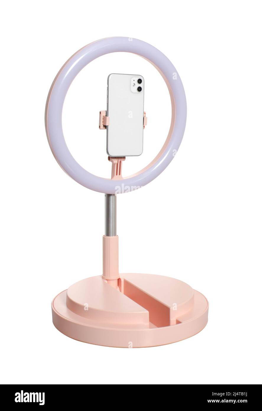 Selfie-Ringlampe mit Smartphone-Halterung, auf Standfuß isoliert auf weißem Hintergrund Stockfoto