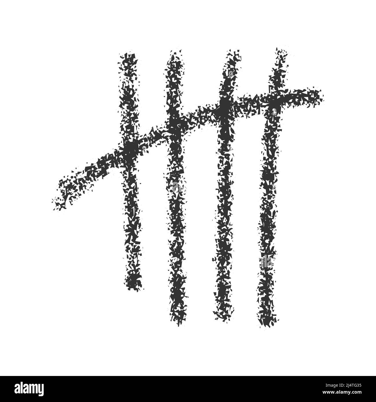 Handgezeichnetes Tally-Zeichen in Holzkohle. Vier Stöcke, durchgestrichen durch Schrägstrich. Schild mit Tageszählung an der Gefängnismauer. Unäre Ziffer Systemnummer 5 Symbol auf weißem Hintergrund isoliert. Vektorgrafik Stock Vektor