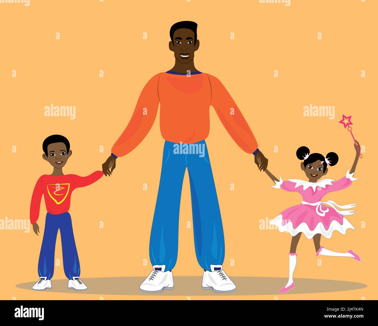 Nette Illustration von glücklich afrikanischen Vater mit Kindern. Glücklicher Vater hält die Hände seiner fröhlichen Kinder, seiner Tochter und seines Sohnes. Papa brachte sie in einen Vergnügungspark Stock Vektor