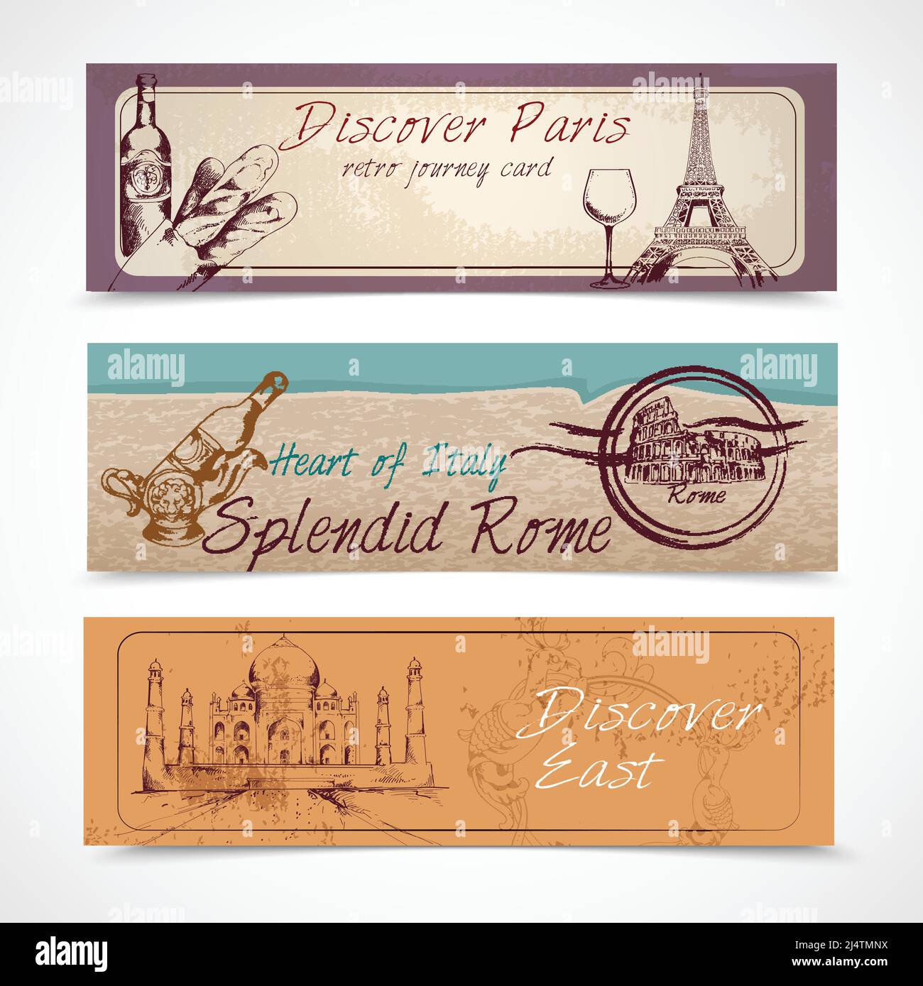Weltdenkmal entdecken paris Ost im Herzen Italiens Splendid rome Banner setzen isolierte Vektorgrafik Stock Vektor
