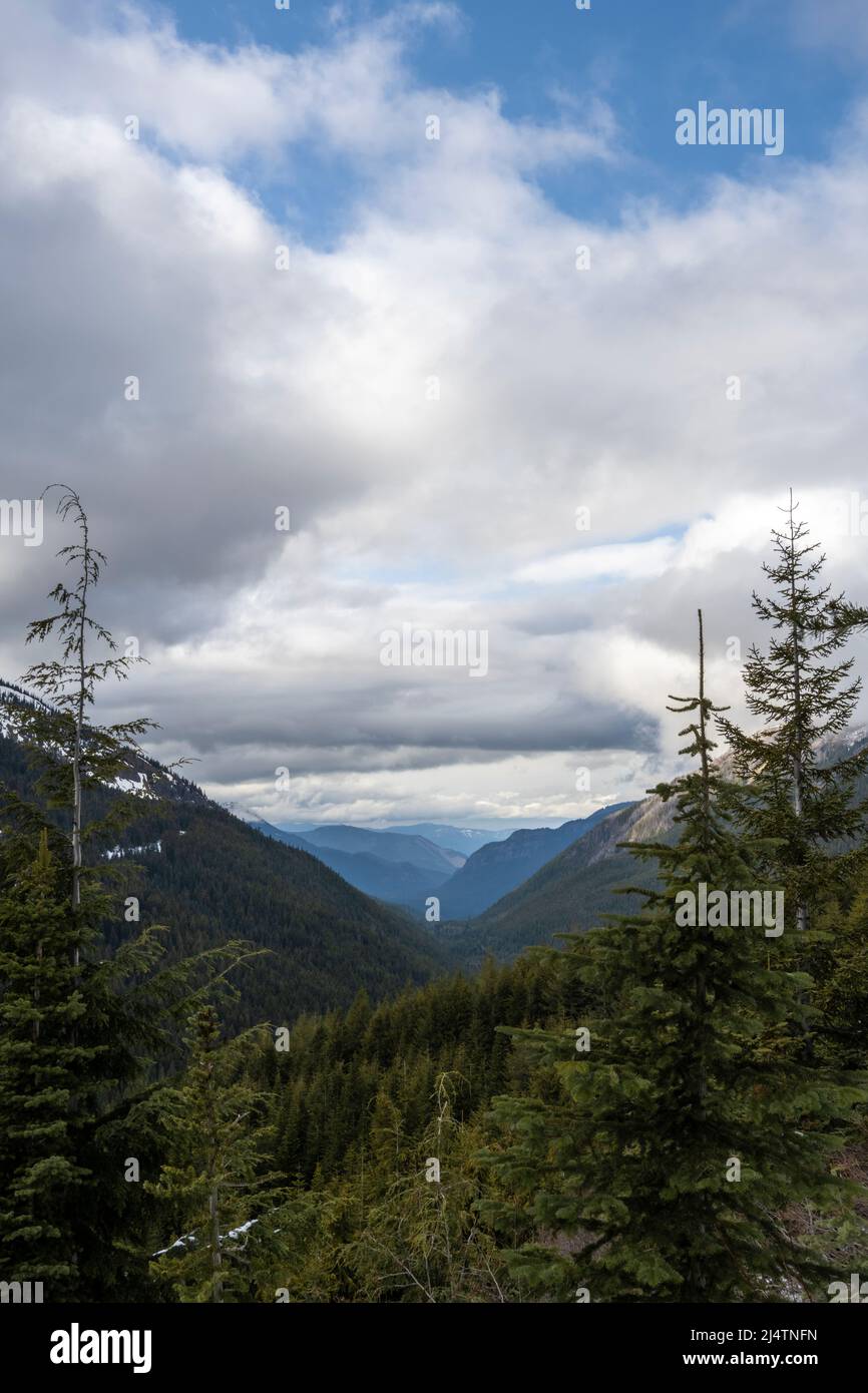 Das Tal durchschneidet die Cascade Mountains nordöstlich des Mount Rainier und blickt auf den Rainier National Park Stockfoto