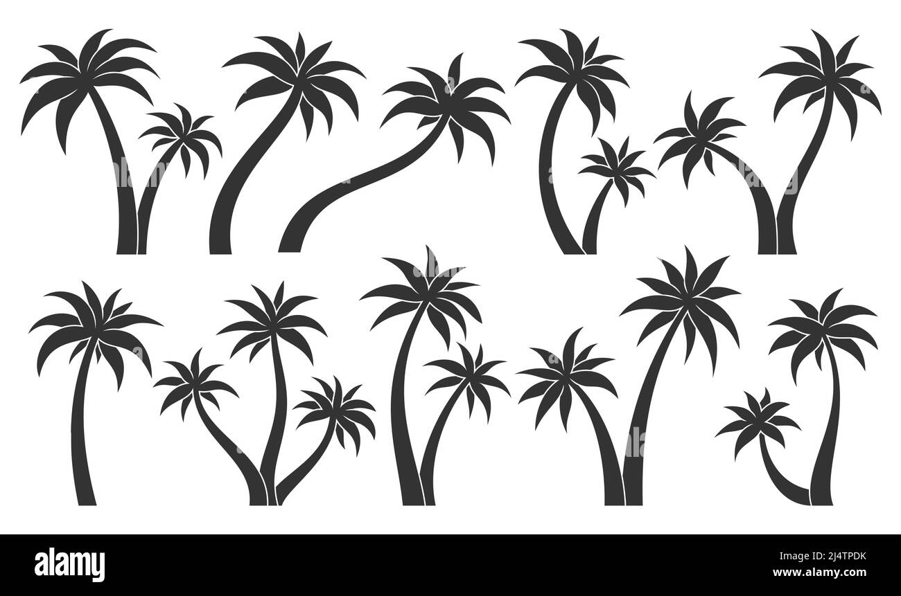 Palme tropisch Pflanze Blatt Stempel schwarz Glyphe Set. Tropische unbewohnte Insel Blattgrün subtropische Silhouette Aufkleber Etikett verschiedene Form. Element Postkarte Reise Urlaub Sommer Wald isoliert weiß Stock Vektor