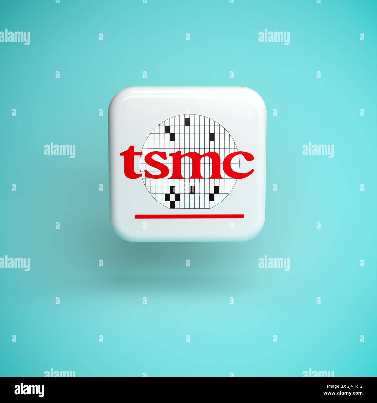 Das Logo der Taiwan Semiconductor Manufacturing Company schwebt über einem nahtlosen Hintergrund Stockfoto