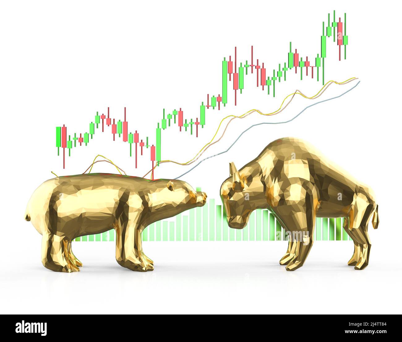 Das Konzept der „Bullen und Bären“-Wirtschaft mit einem 3D-Rendering-Bullen und -Bären-Vergleich Stockfoto