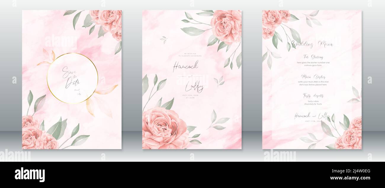 Aquarell Hochzeit Einladungskarte Vorlage elegant von rosa Hintergrund mit Rosenstrauß und Gold Stock Vektor